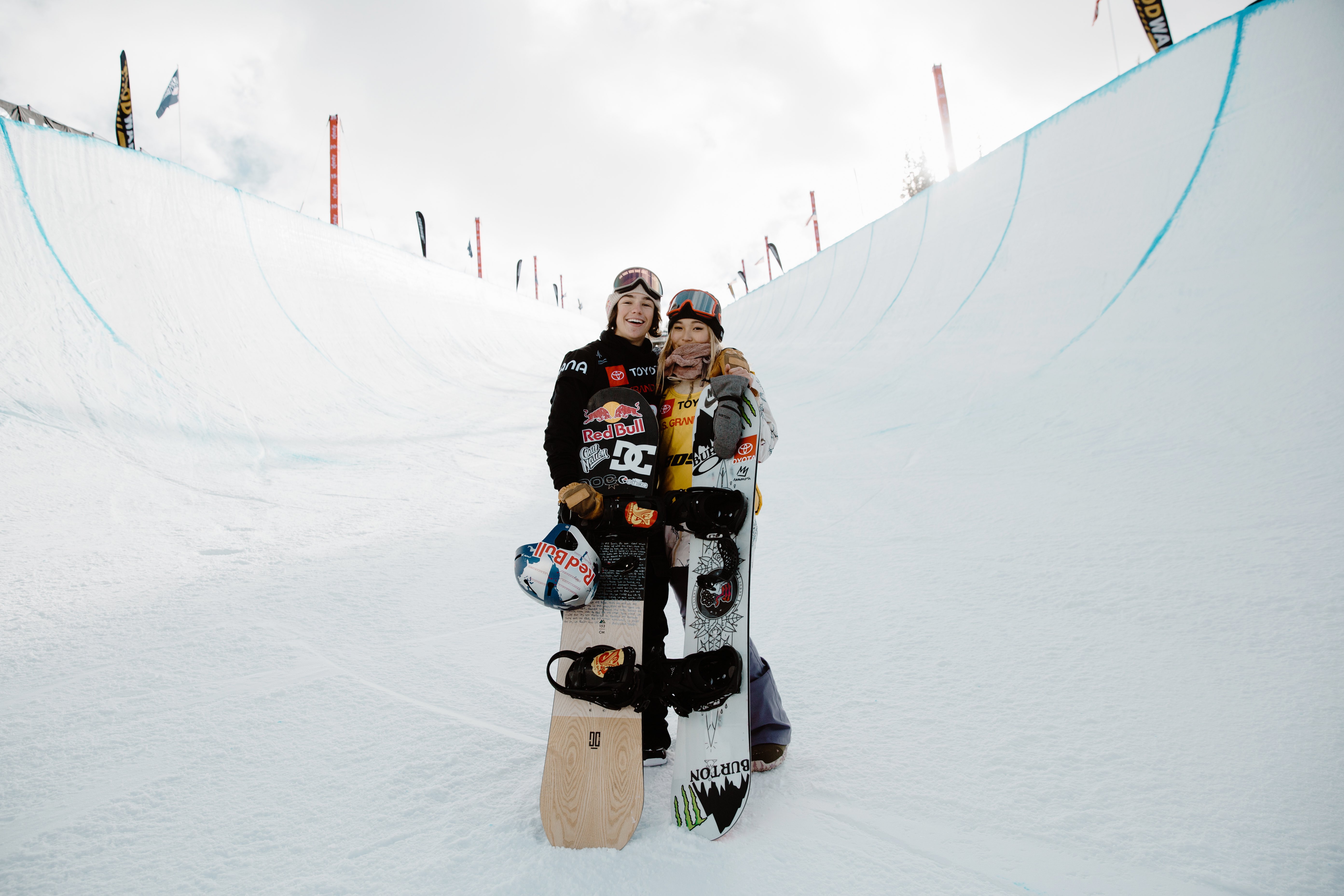 Toby Miller and Chloe Kim after their podium performances at the 2018 Toyota U.S. Grand Prix at Copper Mountain. (U.S. Ski & Snowboard - Sarah Brunson) Chloe Kim and Toby Miller
