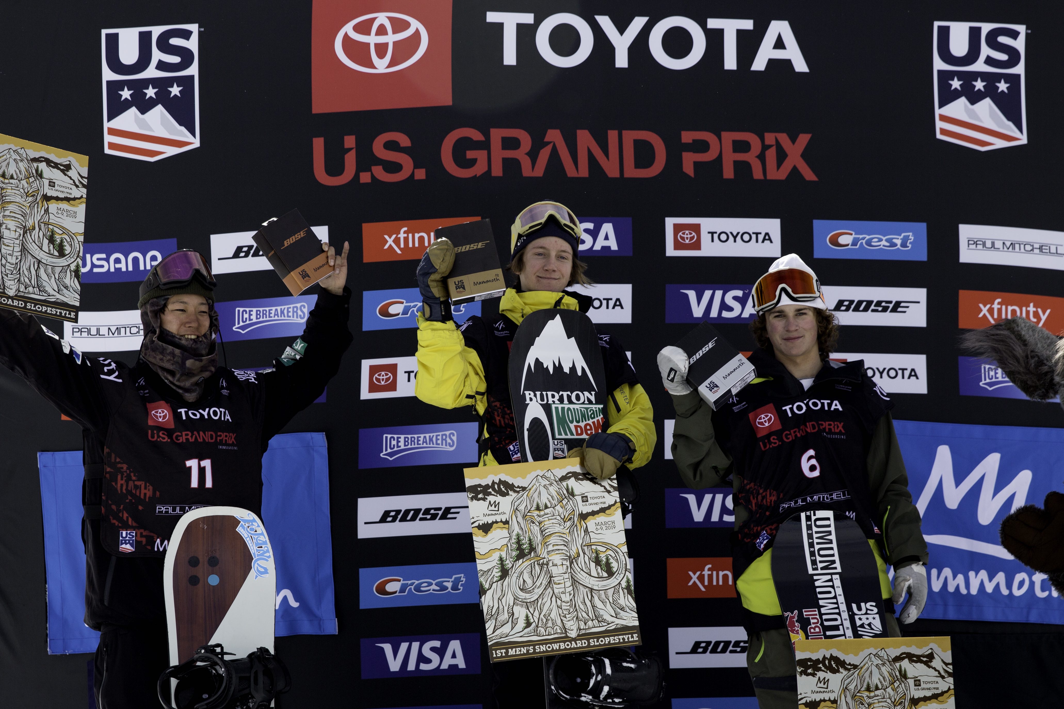 Red Gerard (center) and Judd Henkes (right) on the slopestyle finals podium at the 2019 Toyota U.S. Grand Prix at Mammoth Mountain. (U.S. Ski & Snowboard - Sarah Brunson) Gerard at Mammoth