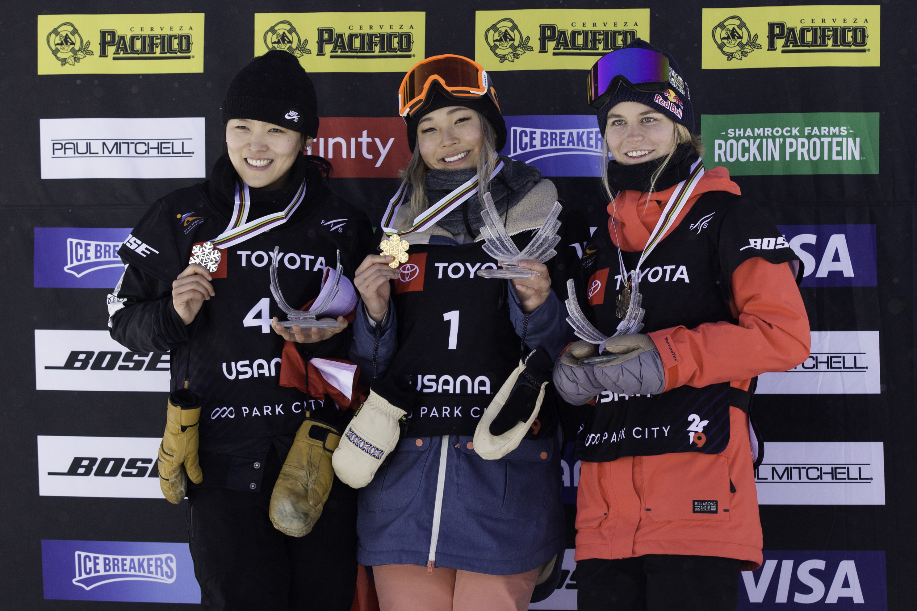Chloe Kim won the halfpipe gold and Maddie Mastro earned the bronze at the 2019 FIS Snowboard, Freeski and Freestyle World Championships Friday in Park City, Utah. (U.S. Ski & Snowboard) Kim Mastro World Champs