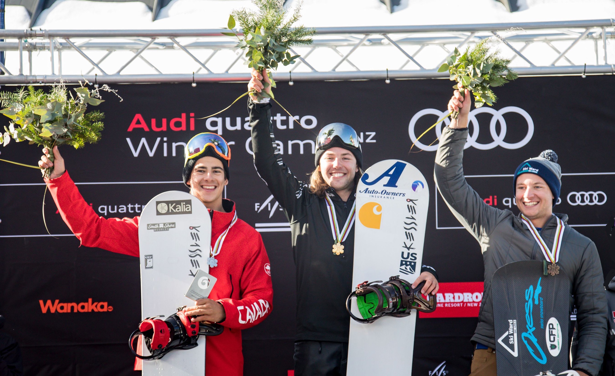 Canada's Eliot Grondin (left) took the silver, Jake Vedder won the gold and Mike Lacroix won the bronze in the men's snowboardcross finals at the 2018 FIS Junior Freestyle Ski & Snowboard World Championships. (Winter Games NZ / Neil Kerr) Canada's Eliot Grondin (left) took the silver, Jake Vedder won the gold and Mike Lacroix won the bronze in the men's snowboardcross finals at the 2018 FIS Junior Freestyle Ski & Snowboard World Championships. (Winter Games NZ / Neil Kerr)