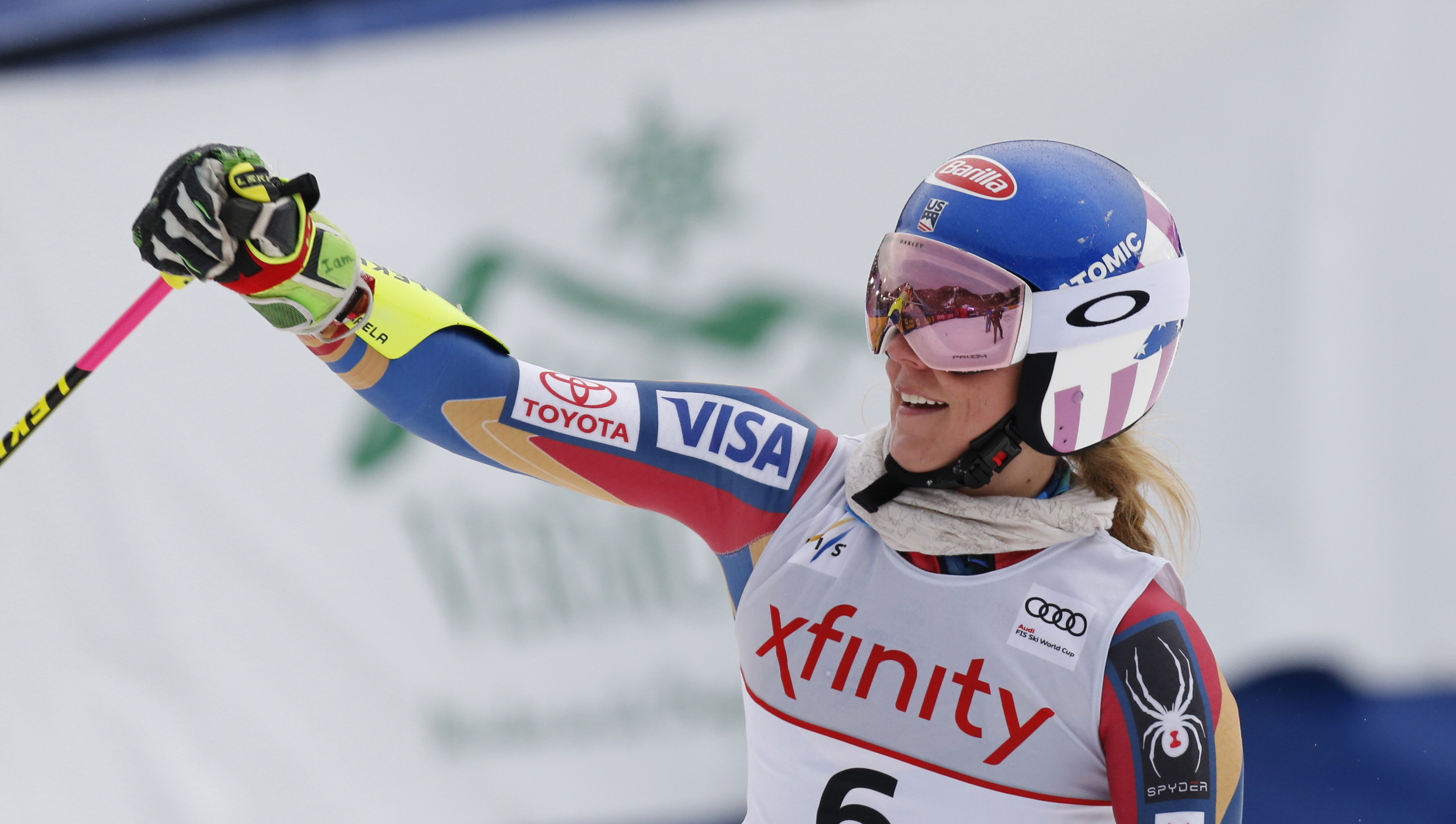 Mikaela celebrates her second-place finish at Killington.