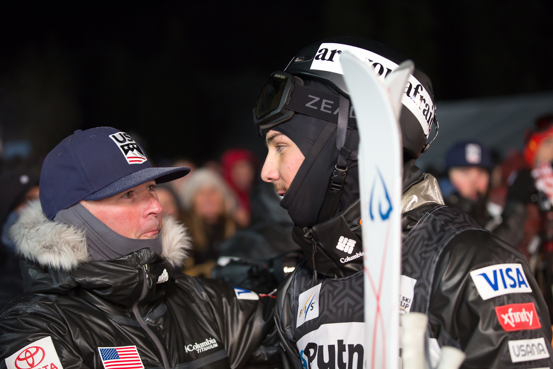 U.S. Moguls Team Head Coach Matt Gnoza with Casey Andringa at the 2018 FIS Visa Freestyle International Deer Valley