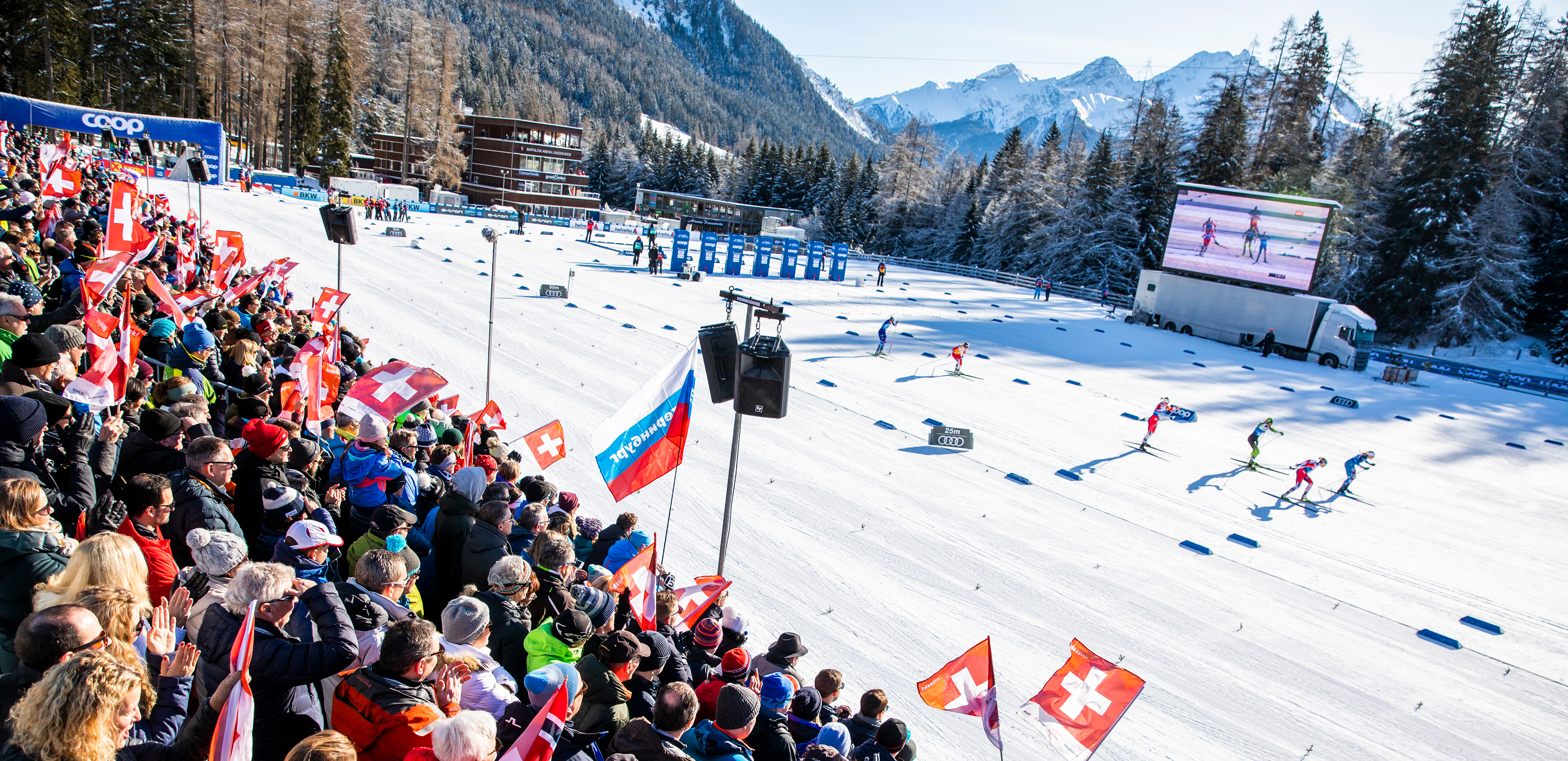 Jessie Diggins leads the first heat of the semi-finals Sunday in Lenzerheide, Switzerland.