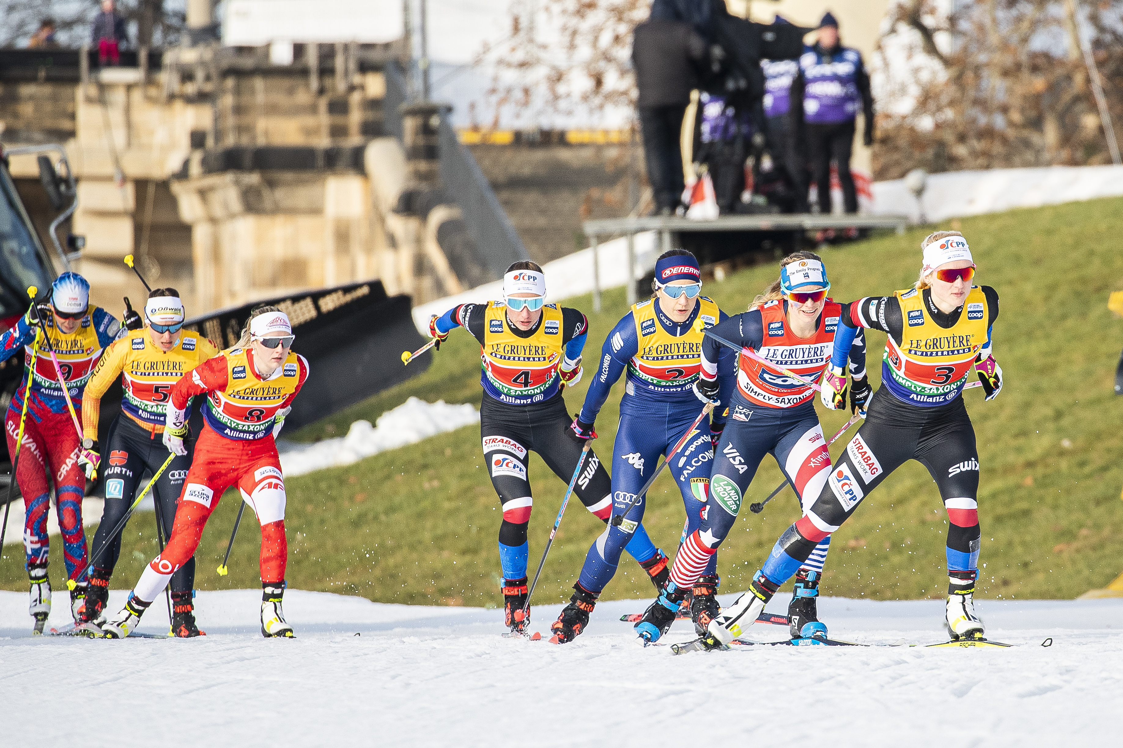 Jessie Diggins leads the pack during Sunday's FIS Cross Country World Cup team sprint in Dresden, Germany. (Modica/NordicFocus)