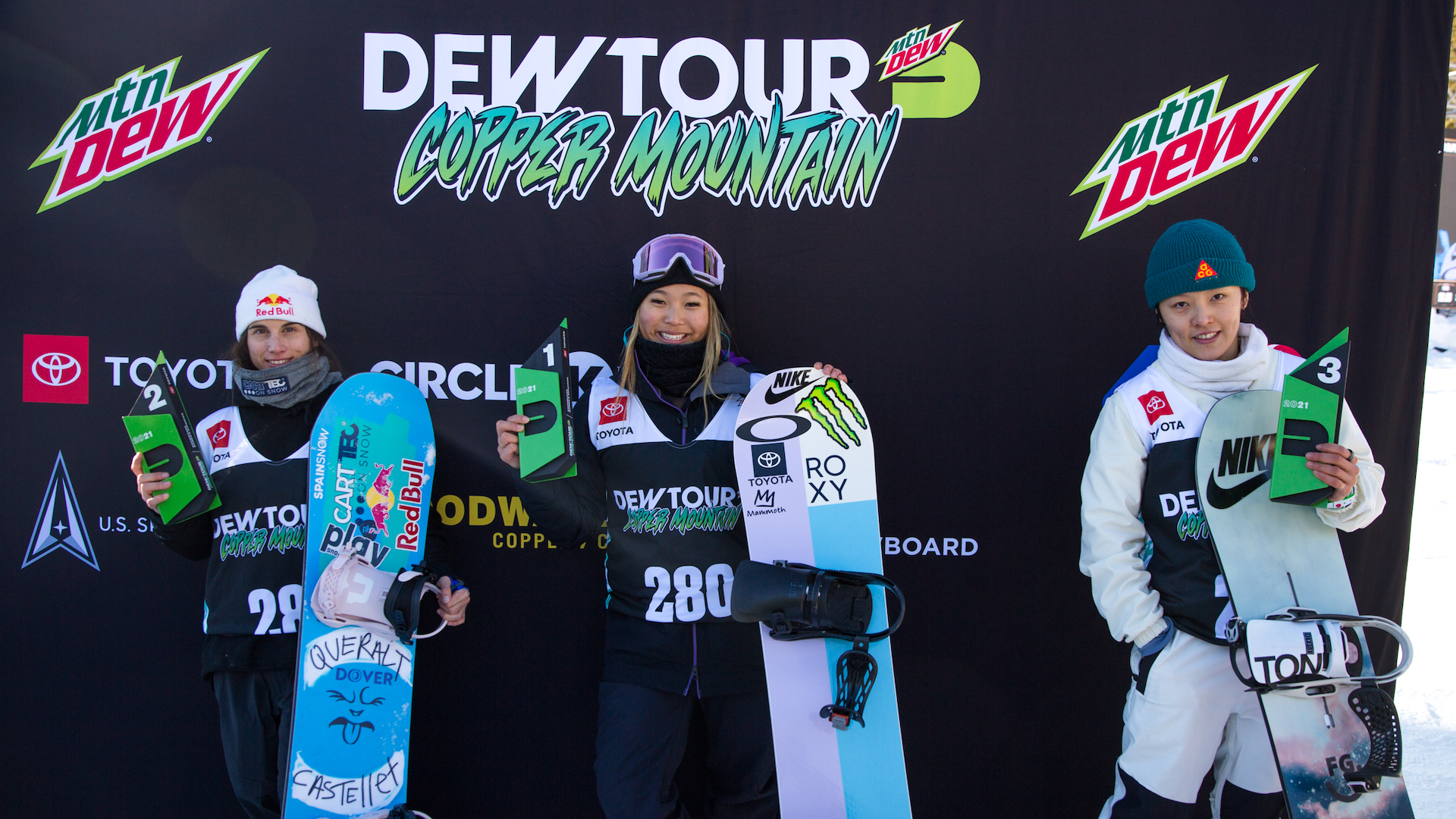 The women's halfpipe podium. 