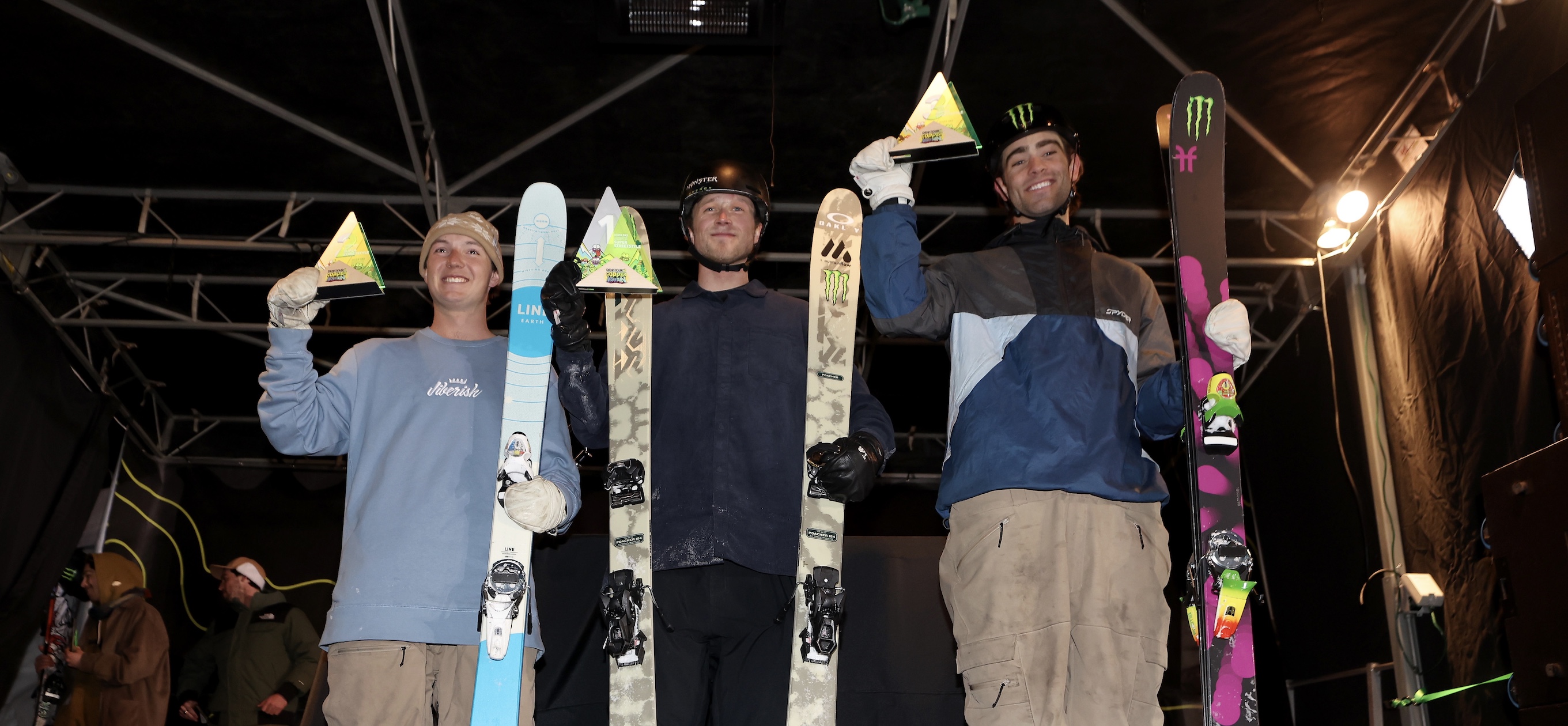 Colby, Tucker, and Alex stand on podium at the Dew Tour