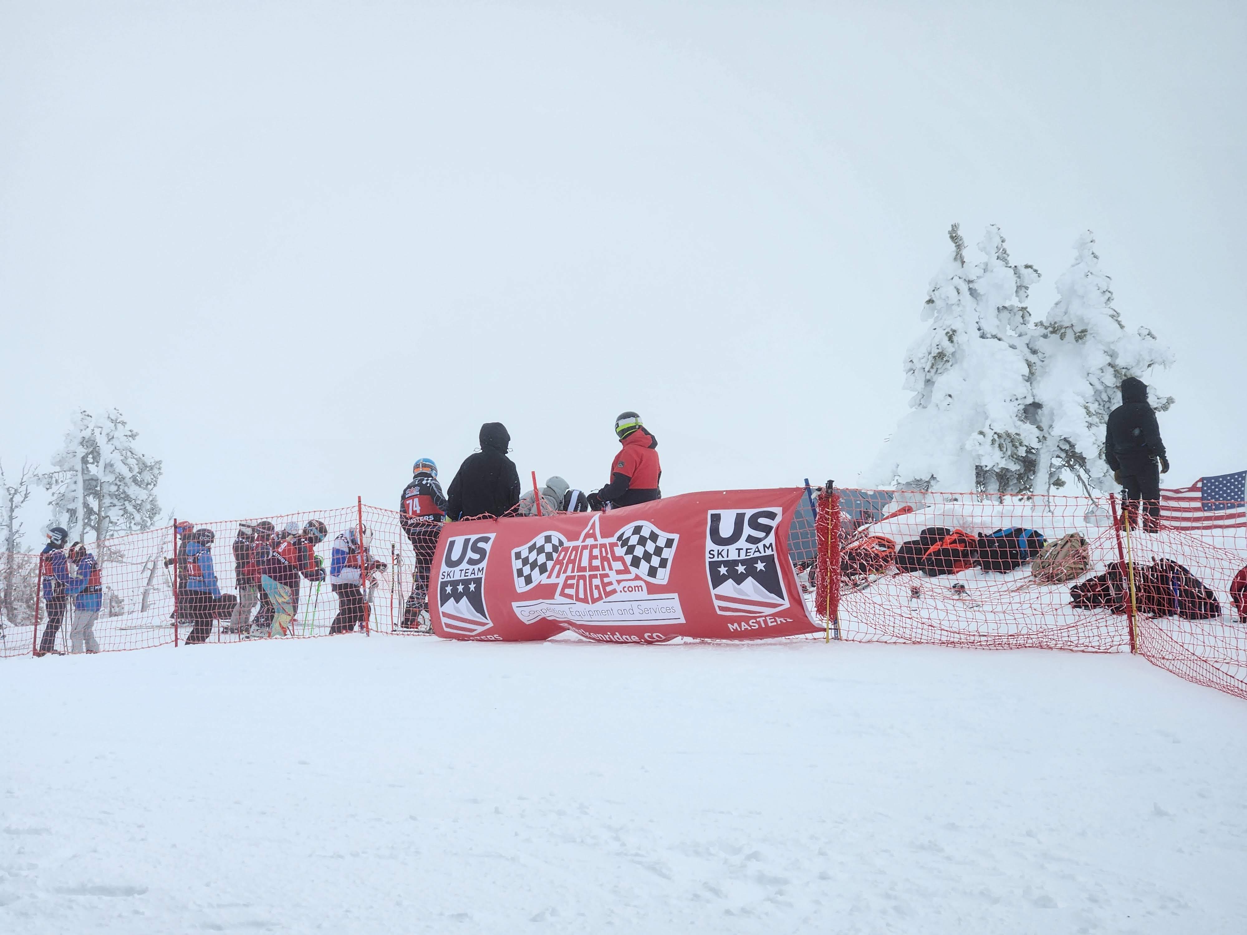 A Racer's Edge Banner at Top of Course 2023 Masters Nationals at Mt. Bachelor