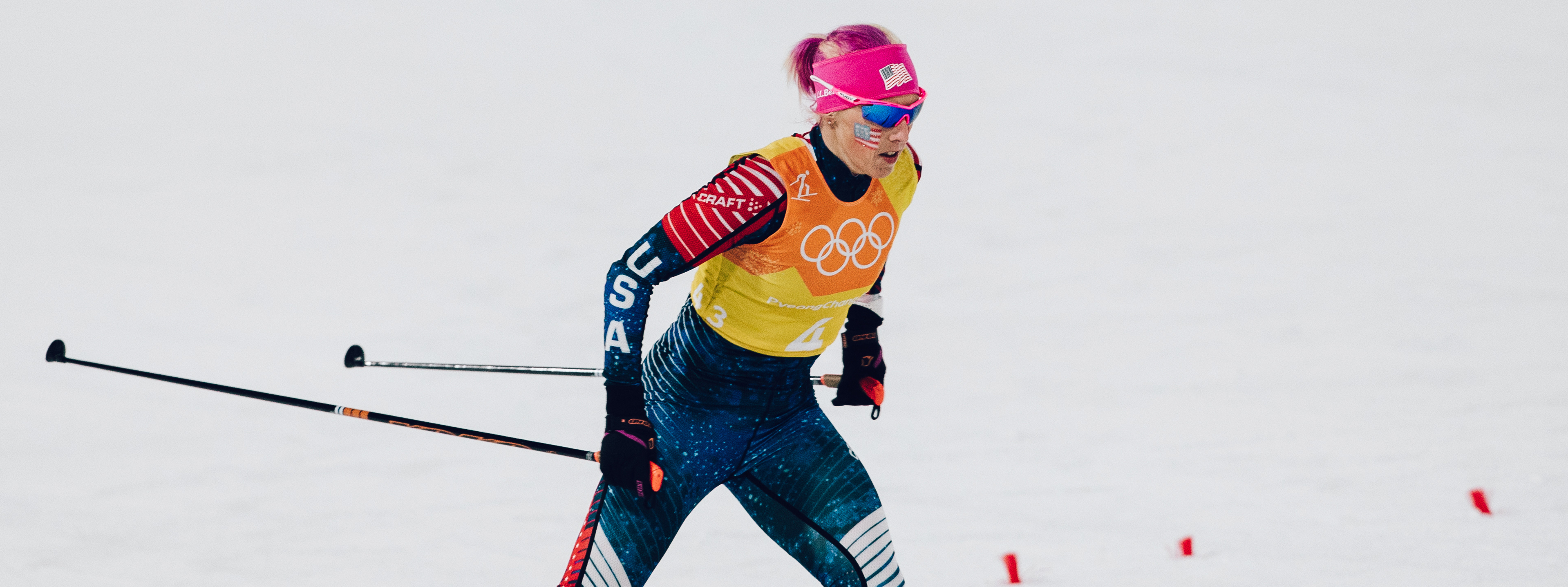 Kikkan Randall skies in the cross country 4x5m Relay at the 2018 Olympic Winter Games in PyeongChang