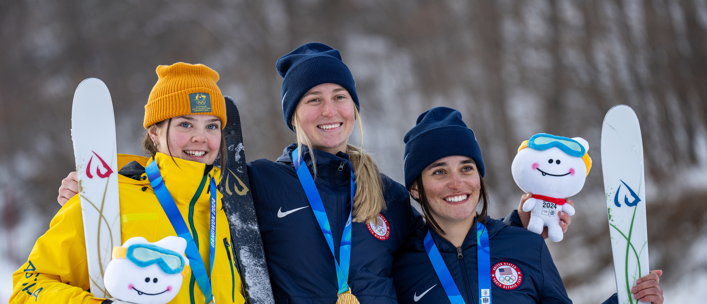 Gold medalist Elizabeth Lemley USA, silver medalist Lottie Lodge AUS and bronze medallist Abby Mclarnon USA celebrate during the Medal Ceremony of the Freestyle Skiing Women’s Dual Moguls. The Winter Youth Olympic Games, Gangwon, South Korea. (OIS/Thomas Lovelock)