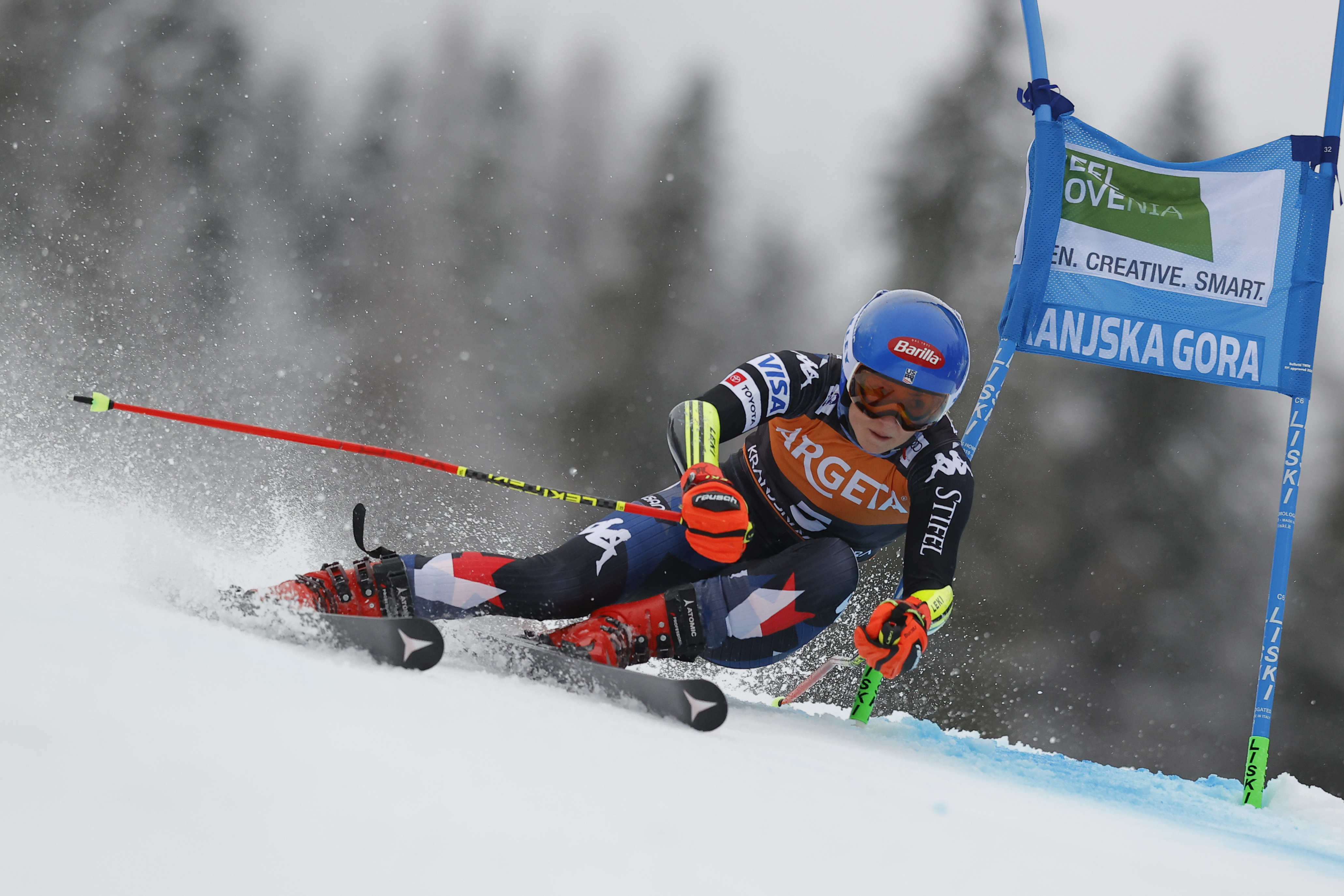 Mikaela Shiffrin skis in the first run of the Kranjska Gora giant slalom.