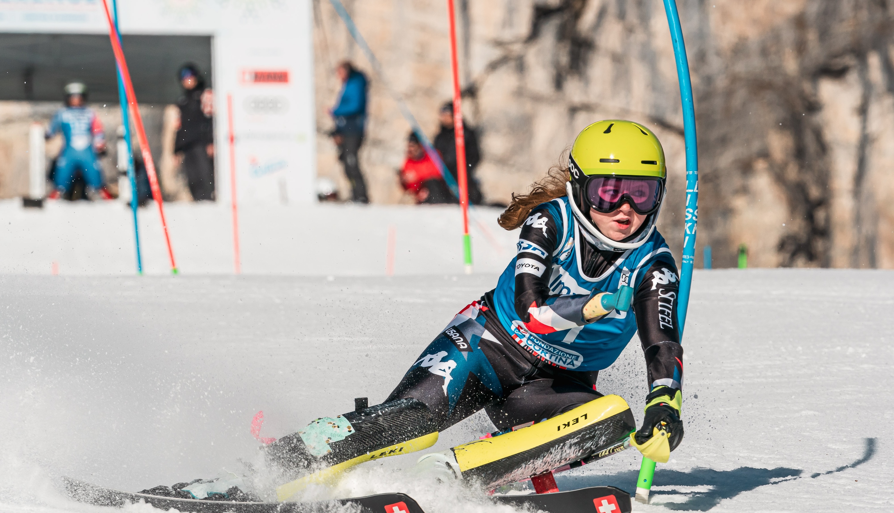 Audrey Crowley racing slalom in Cortina