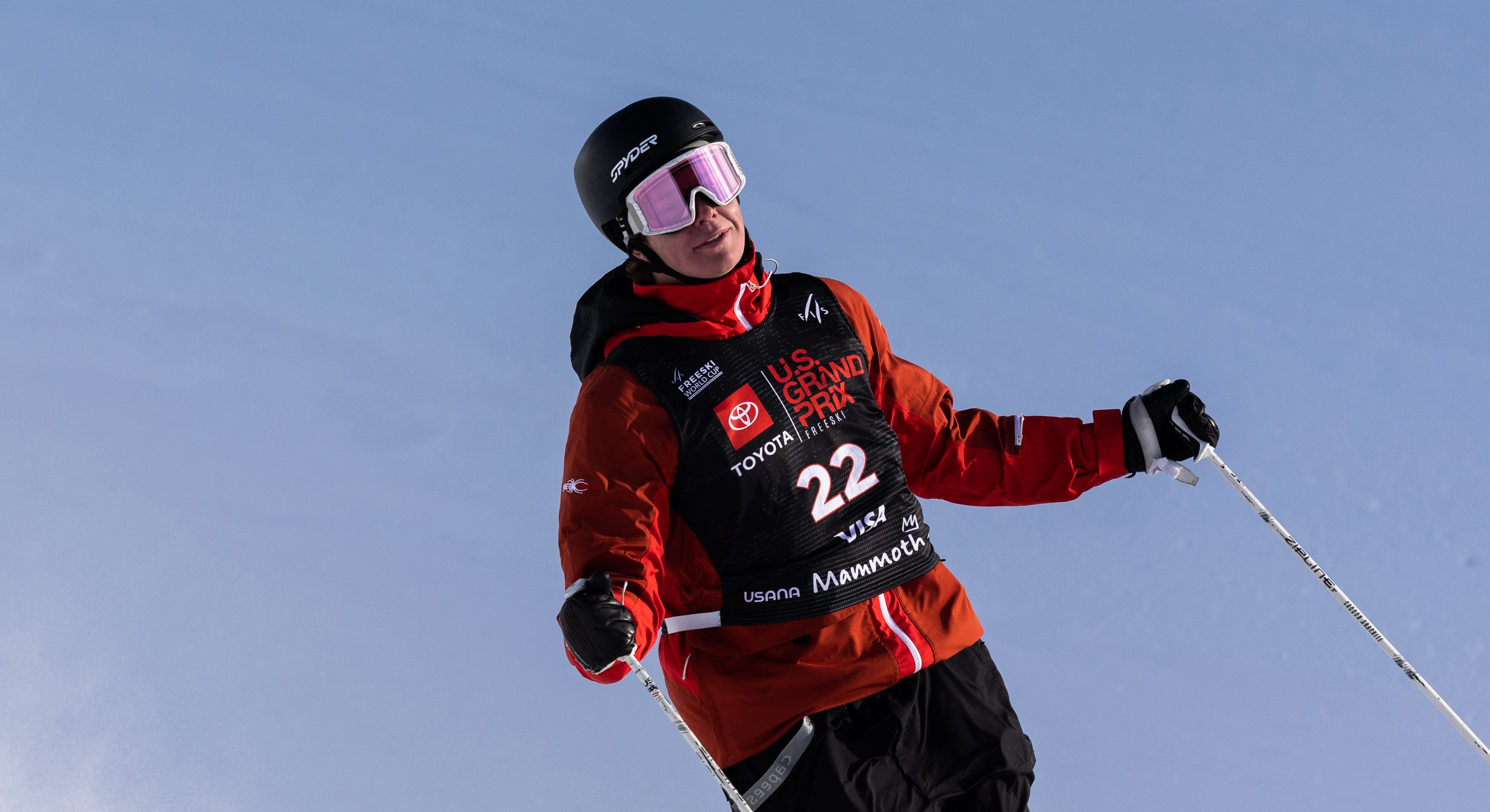 Matt Labaugh of the Stifel U.S. Freeski Team celebrating a good run at the 2023 Toyota U.S. Grand Prix at Mammoth Mountain (U.S. Ski & Snowboard)