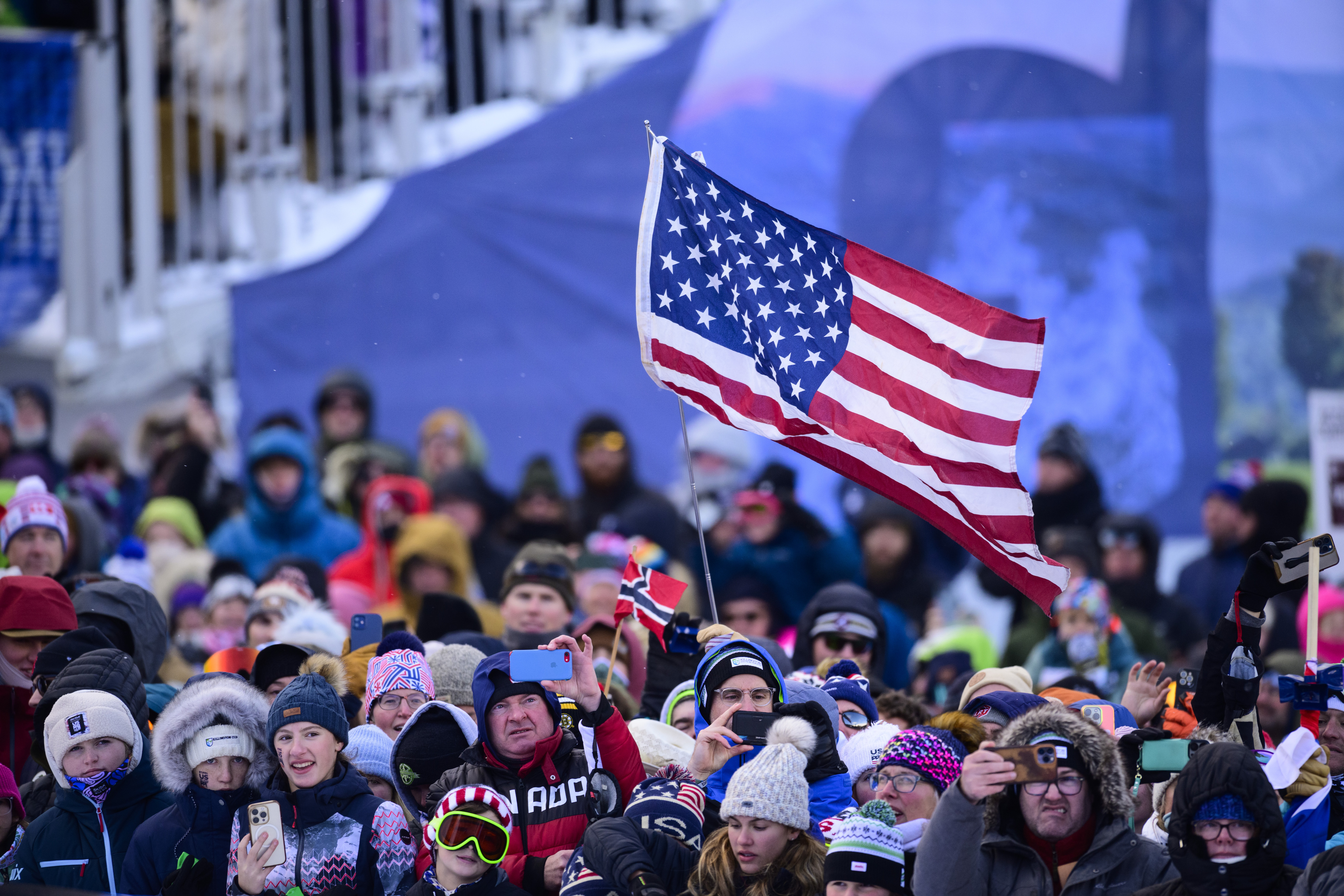 American flag waves in Killington World Cup crowd