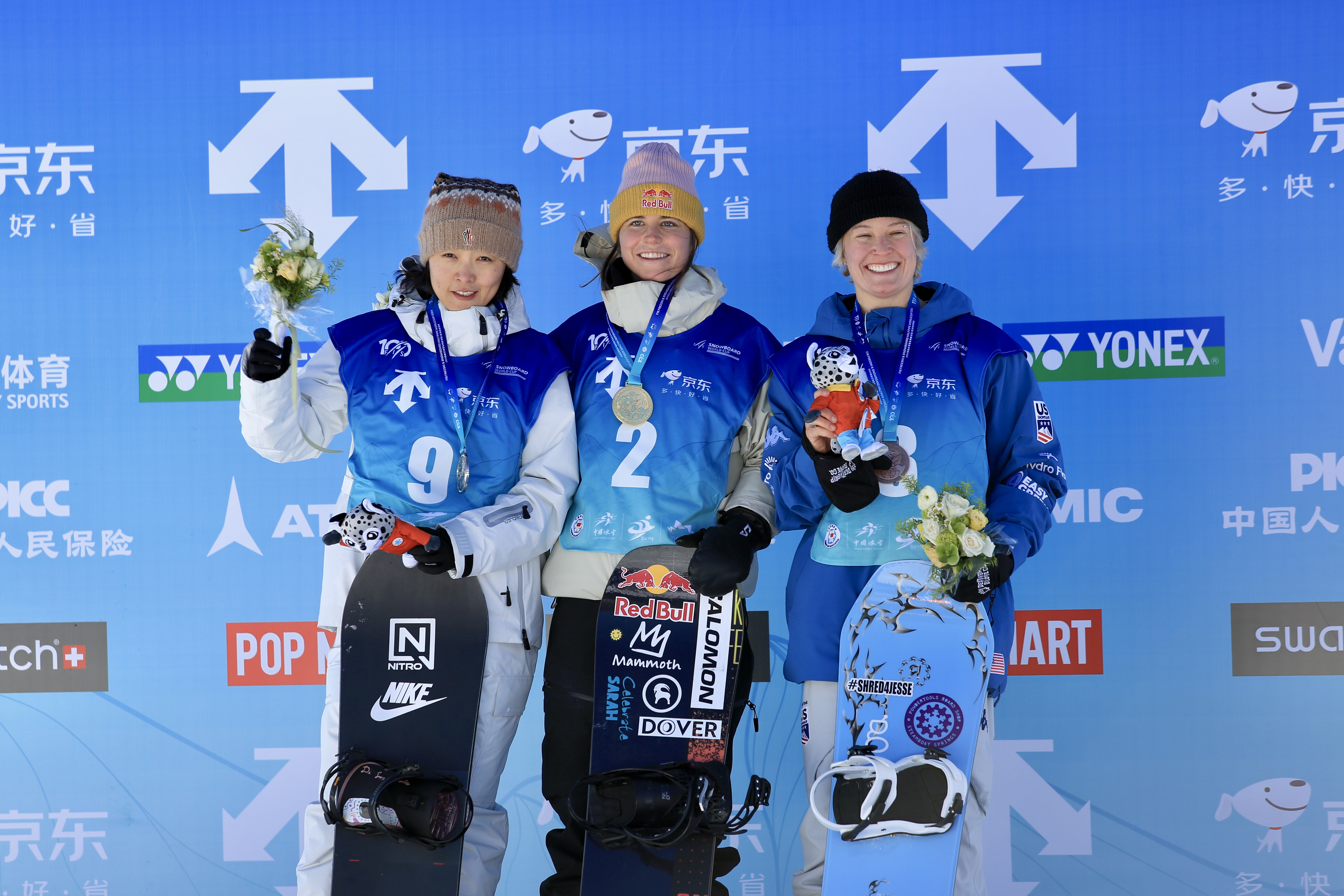 Maddie Mastro and Maddy Schaffrick on the podium in Secret Garden. (FIS Snowboard)