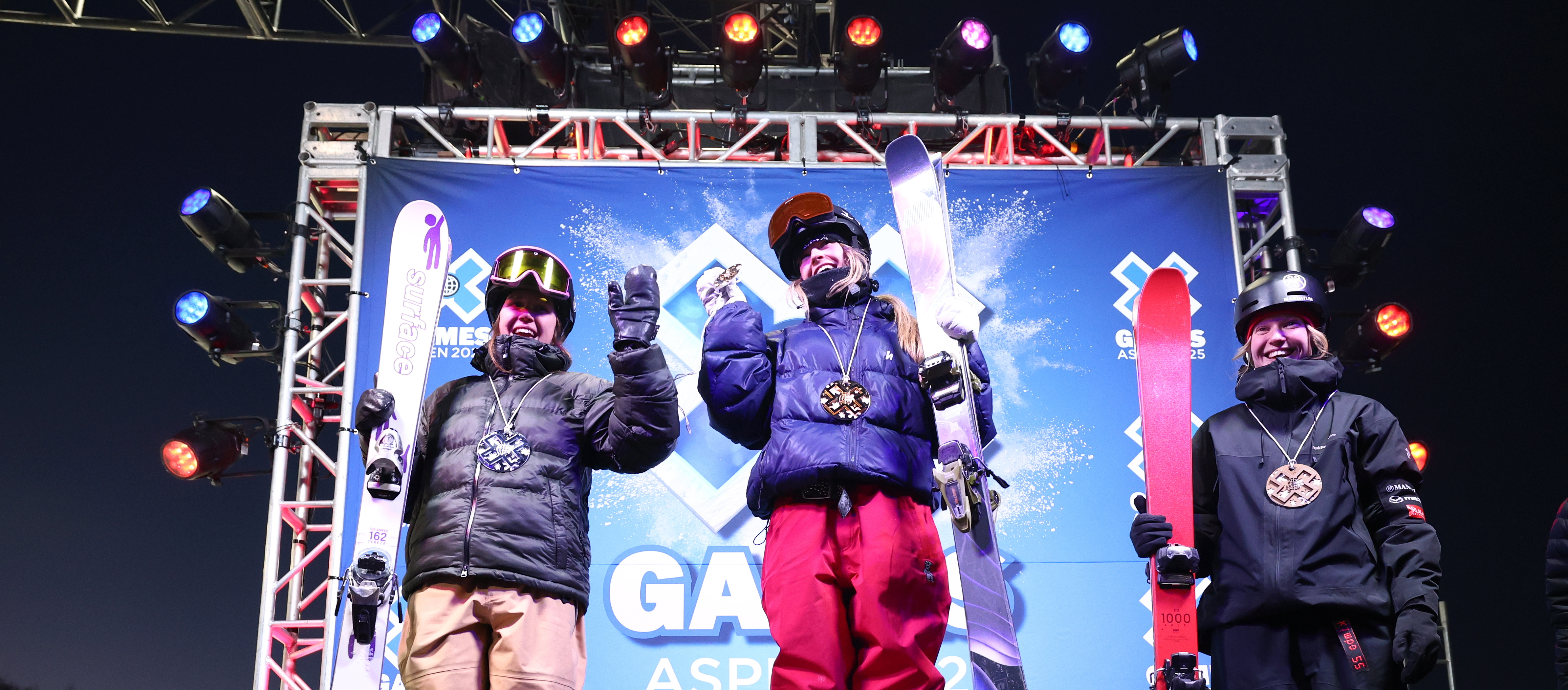 Tereza Korabova, Rell Harwood, Anni Karava during Womens Ski Knuckle Huck Final at 2025 X Games Aspen at Buttermilk in Aspen, CO. ©Tyler Schank/X Games