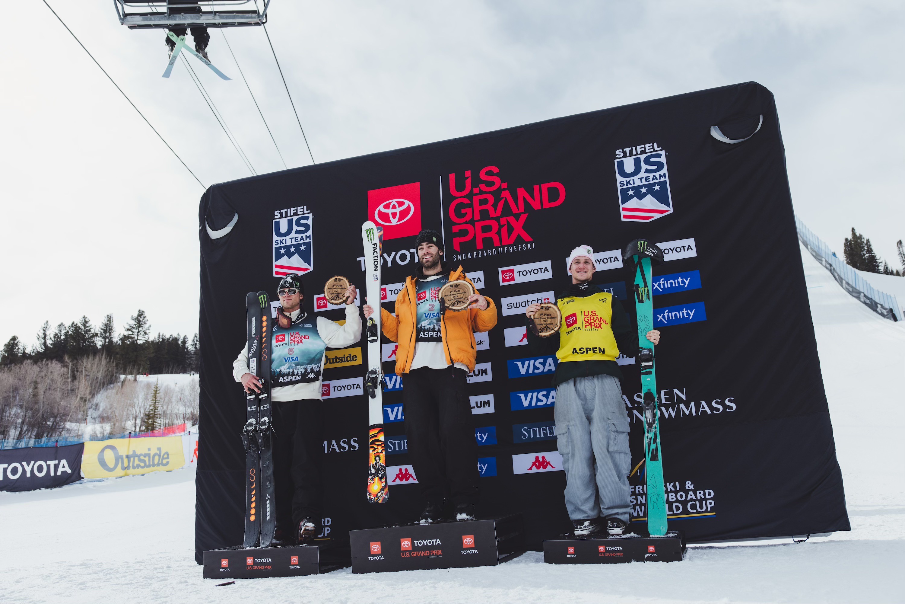 Hall, Stevenson, Ruud on the podium Alex Hall, Colby Stevenson and Birk Ruud on the men's slopestyle podium