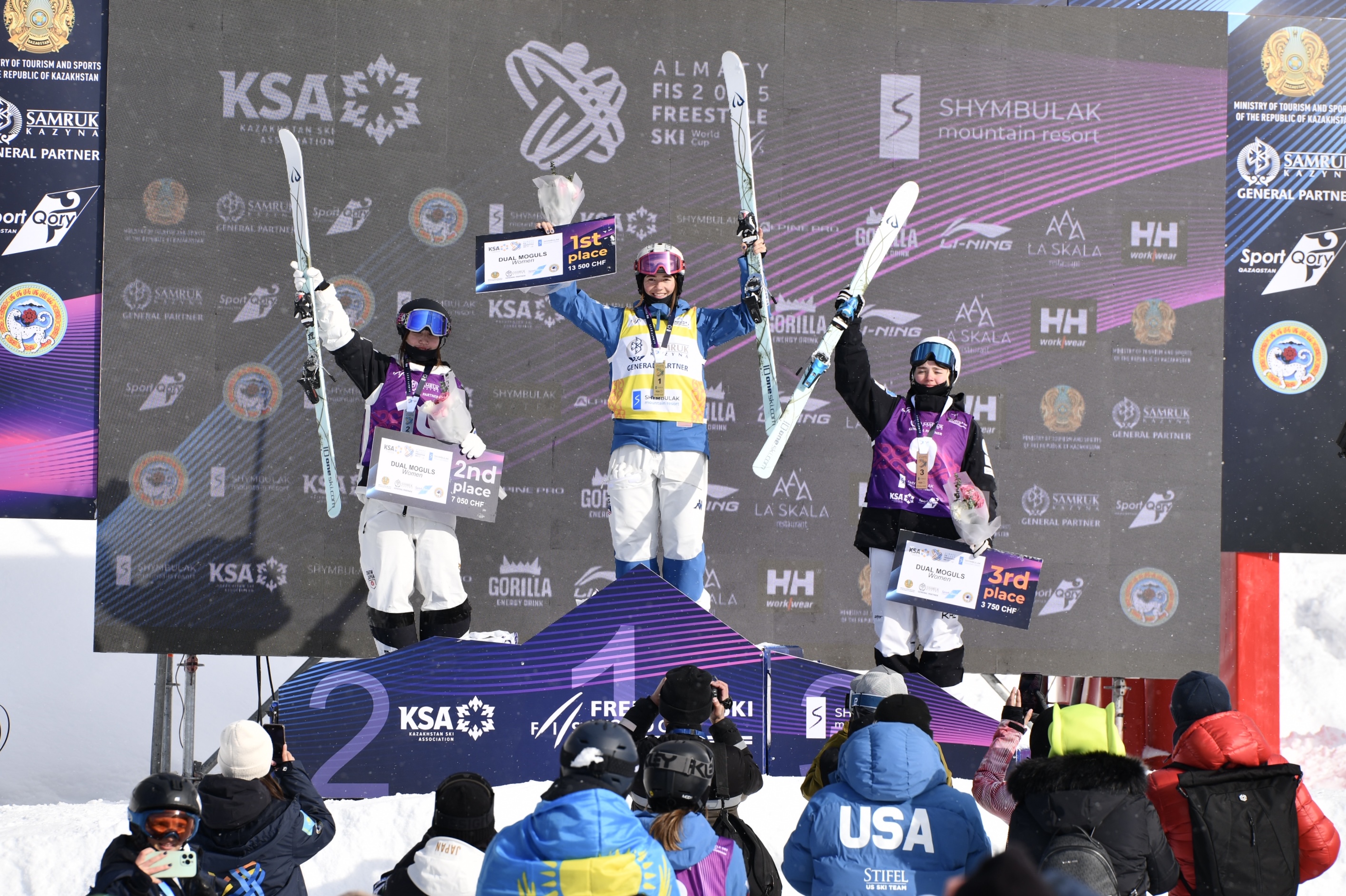 Jaelin Kauf stands on the top of the podium in Almaty