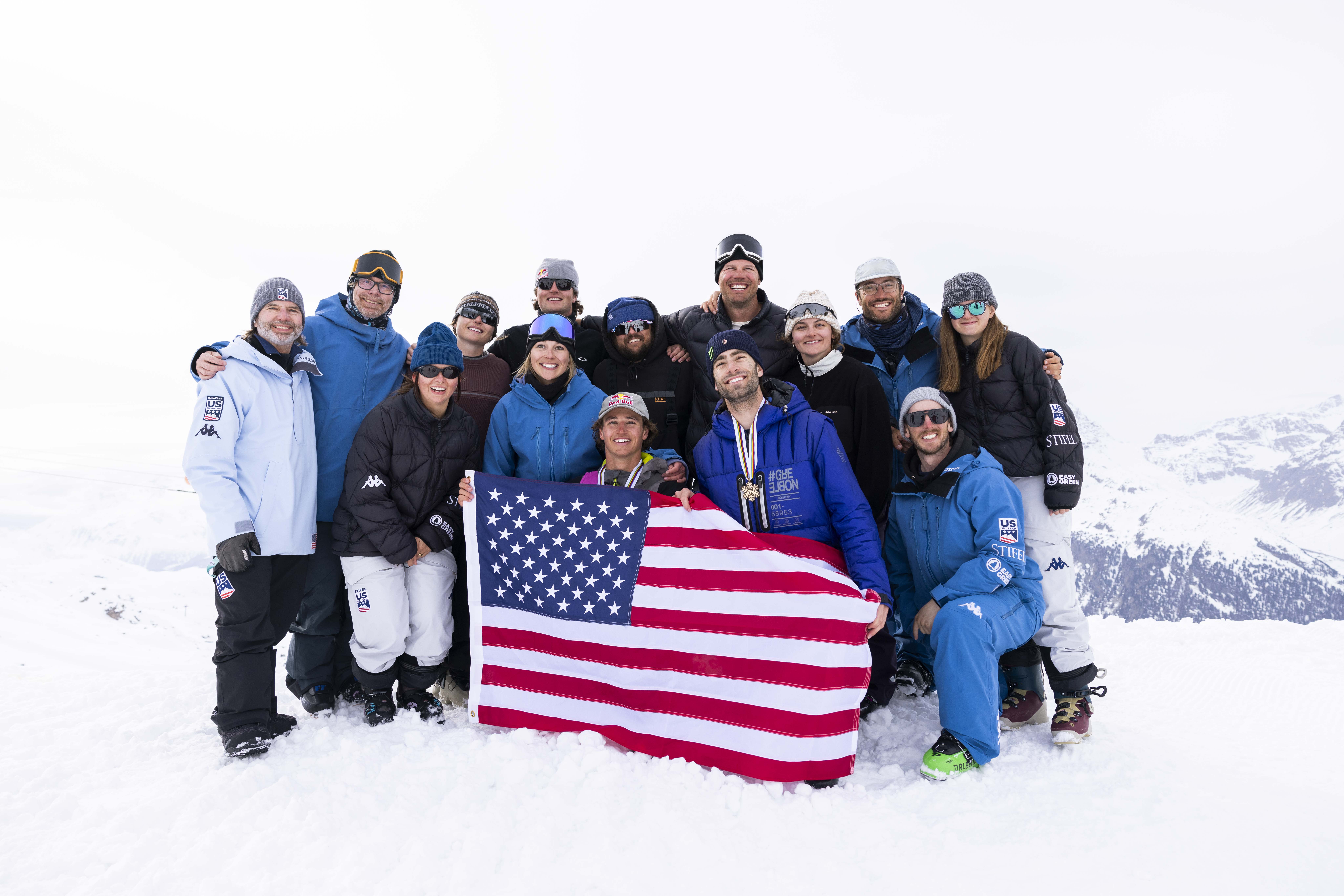 The Stifel U.S. Freeski Team celebrating at 2025 World Champs