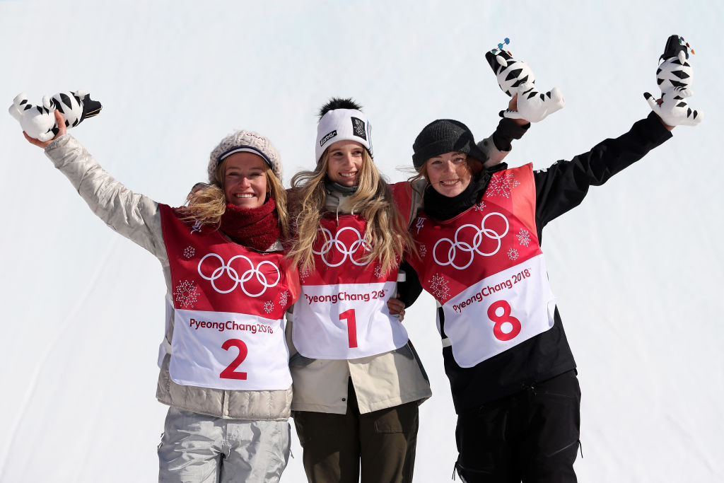 Silver medalist Jamie Anderson, gold medalist Anna Gasser of Austria and bronze medalist Zoi Sadowski Synnott of New Zealand celebrate during the victory ceremony following the big air final. (Getty Images - Al Bello)