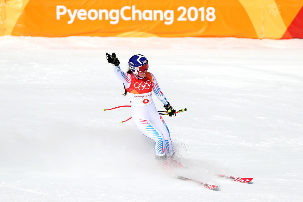 Breezy Johnson waves to the crowd after finishing seventh in the downhill at Jeongseon Alpine Centre. (Getty Images - Tom Pennington)