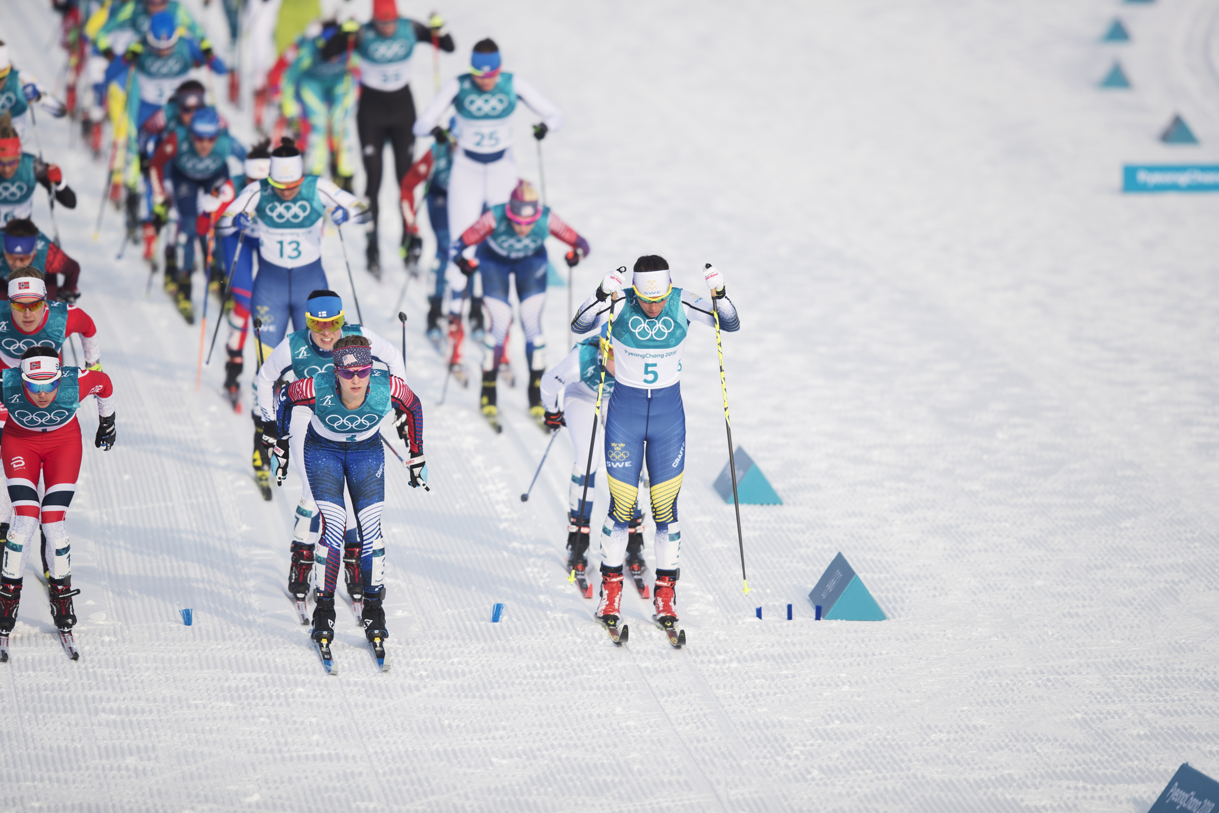 Charlotte Kalla of Sweden and Jessica Diggins lead the start of the skiathlon Saturday in Pyeongchang-gun, South Korea. (Getty Images - Nils Petter Nilsson) Charlotte Kalla of Sweden and Jessica Diggins lead the start of the skiathlon Saturday in Pyeongchang-gun, South Korea. (Getty Images - Nils Petter Nilsson)