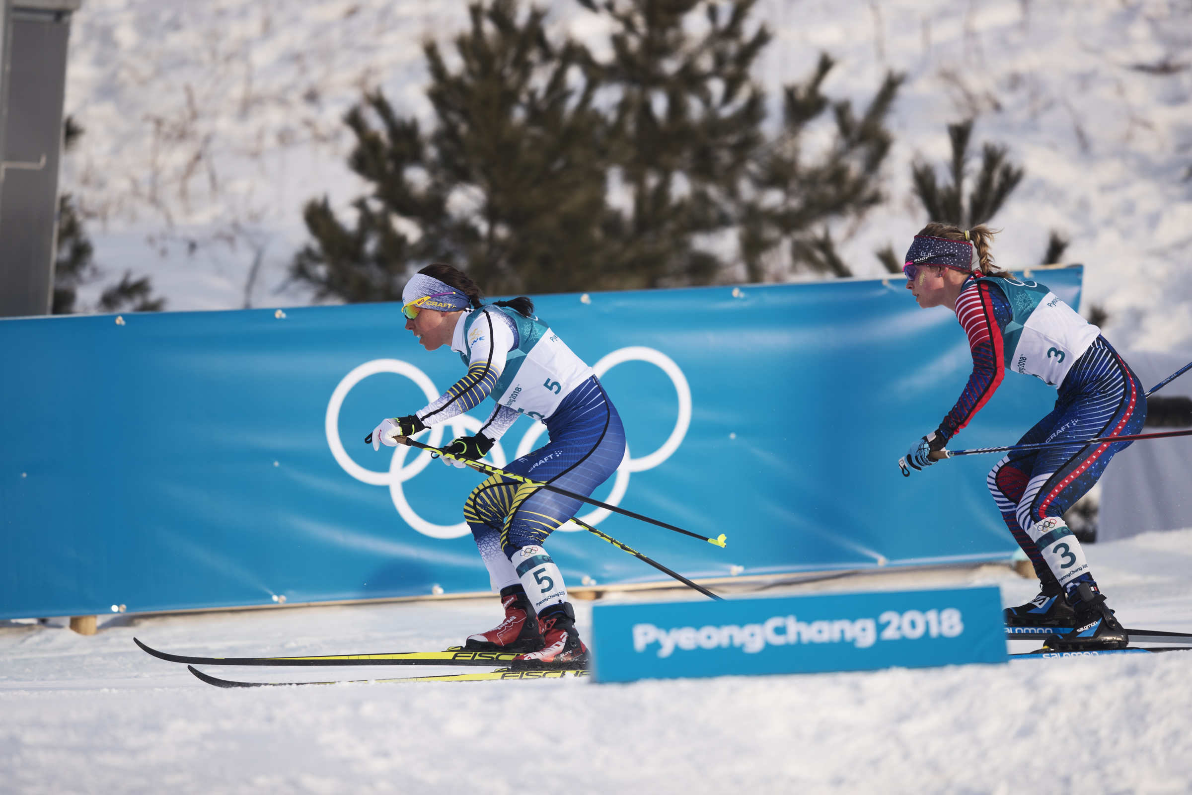 Charlotte Kalla of Sweden and Jessica Diggins lead the start of the skiathlon Saturday in Pyeongchang-gun, South Korea. (Getty Images - Nils Petter Nilsson) Charlotte Kalla of Sweden and Jessica Diggins lead the start of the skiathlon Saturday in Pyeongchang-gun, South Korea. (Getty Images - Nils Petter Nilsson)