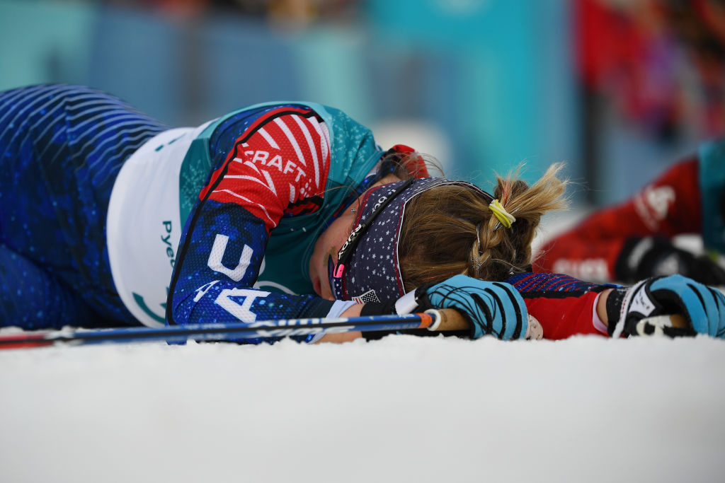 Diggins Jessica Diggins lays on the snow after crossing the finishing line on day one of the 2018 Olympic Winter Games at Alpensia Cross-Country Centre. (Getty Images - Quinn Rooney)