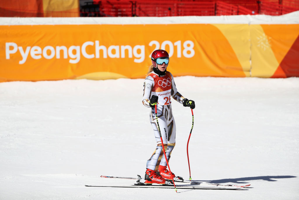 Ester Ester Ledecka is stunned after crossing the finish line to win the Olympic gold medal in super-G Saturday at the 2018 Games. (Getty Images – Ezra Shaw)