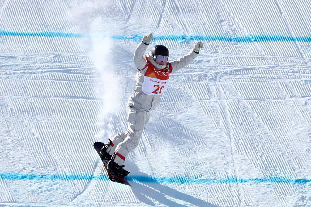 Jessika Jenson celebrates completing her first run Monday in slopestyle at the 2018 Olympic Winter Games. (Getty Images - Cameron Spencer)
