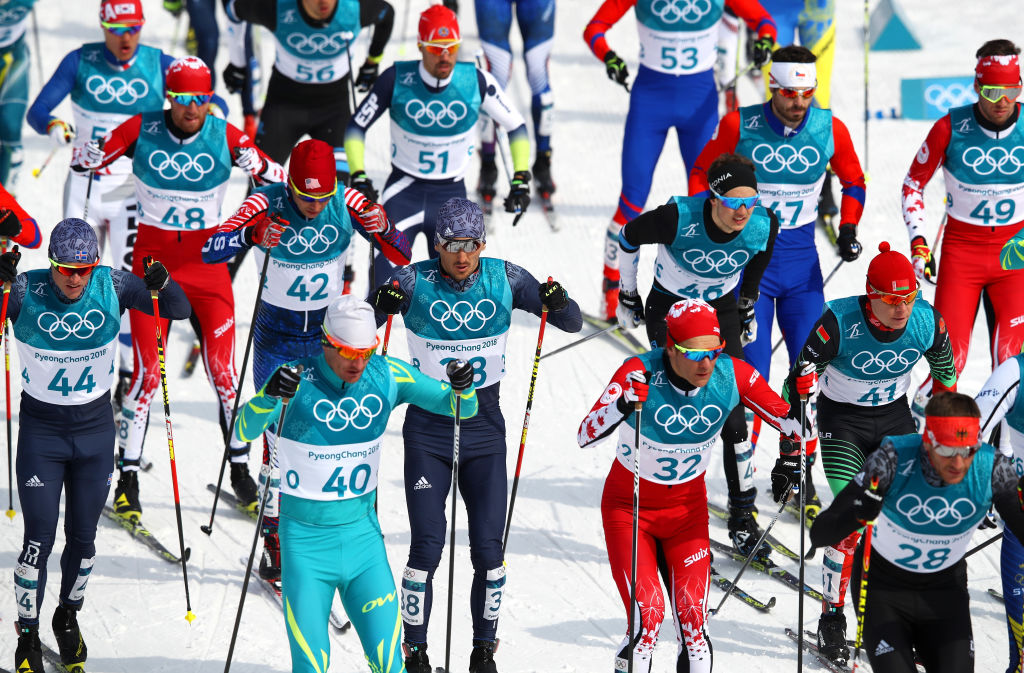Noah Hoffman (bib 42) competes during the 50k classic at Alpensia Cross-Country Centre Saturday. (Getty Images - Clive Mason)