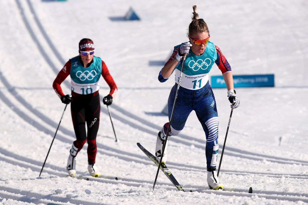 Sadie Bjornsen leads Nathalie Von Siebenthal of Switzerland during the 30k classic at Alpensia Cross-Country Centre. (Getty Images - Lars Baron)
