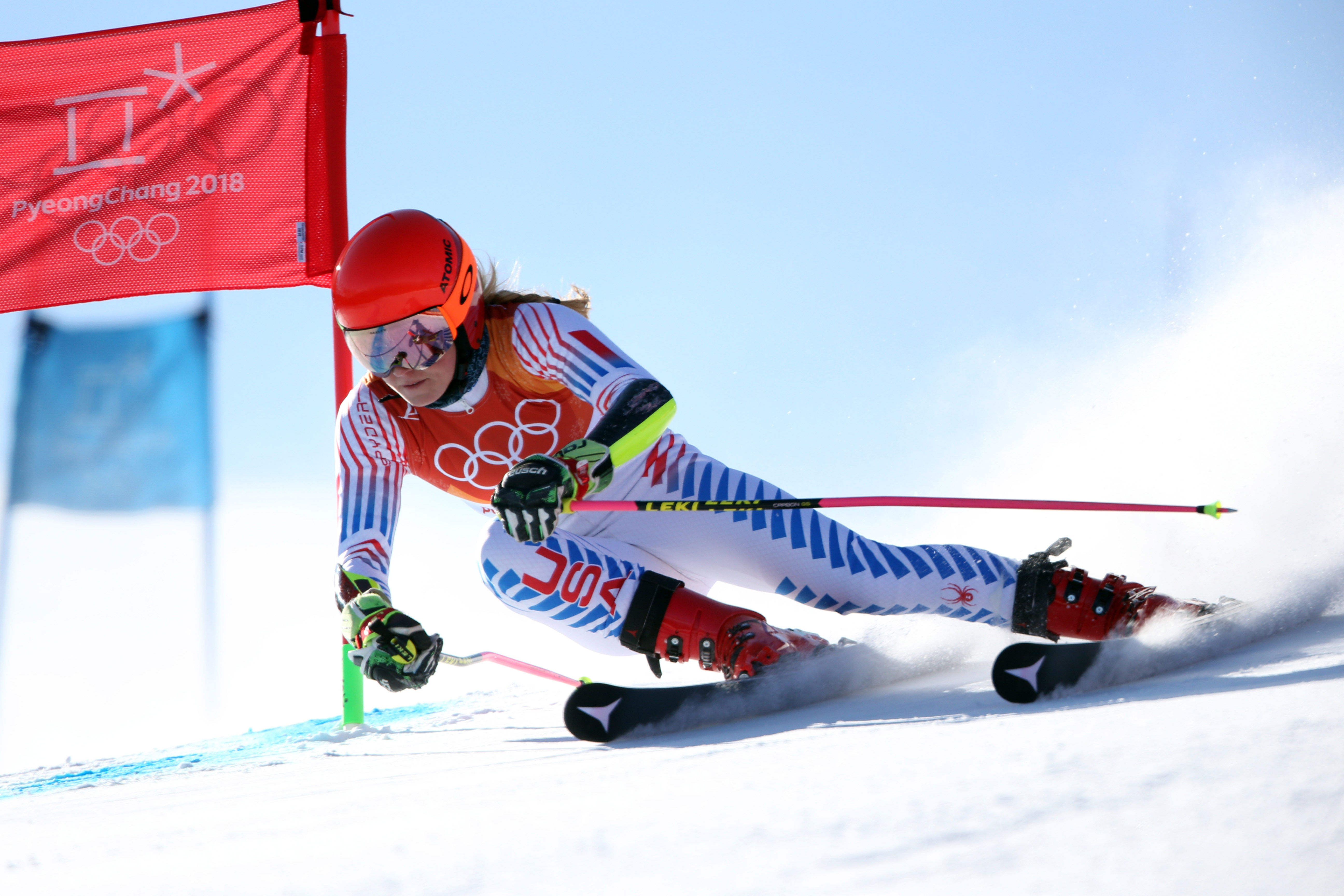 Mikaela Shiffrin skied to her second Olympic gold medal, winning the giant slalom at the Yongpyong Alpine Centre Thursday. (Getty Images/Agence Zoom - Christophe Pallot)