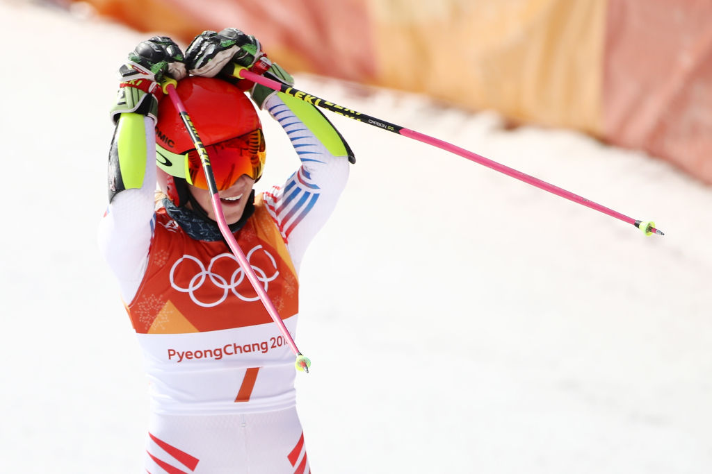 Mikaela Shiffrin reacts after posting the fastest second-run time and moving atop the giant slalom Thursday. (Getty Images - Ezra Shaw)