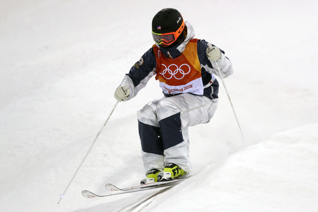 Tess Johnson competes during the moguls final Sunday night at the Phoenix Snow Park. (Getty Images - Clive Rose)