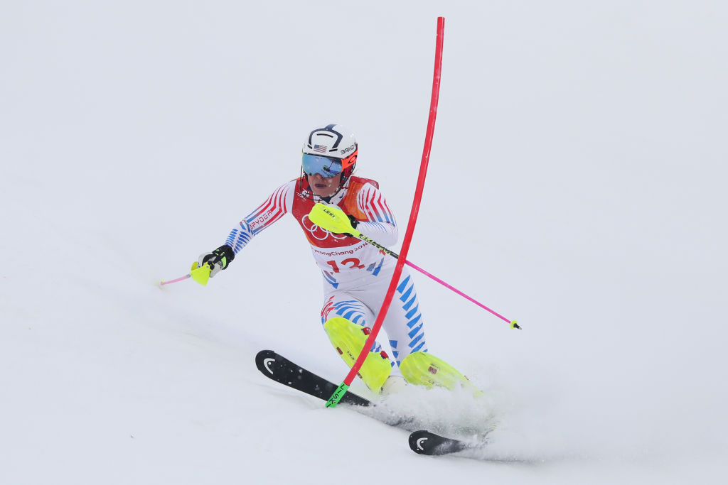 Lindsey Vonn straddles a gate in the slalom run of the alpine combined Thursday at Yongpyong Alpine Centre. (Getty Images - Tom Pennington)