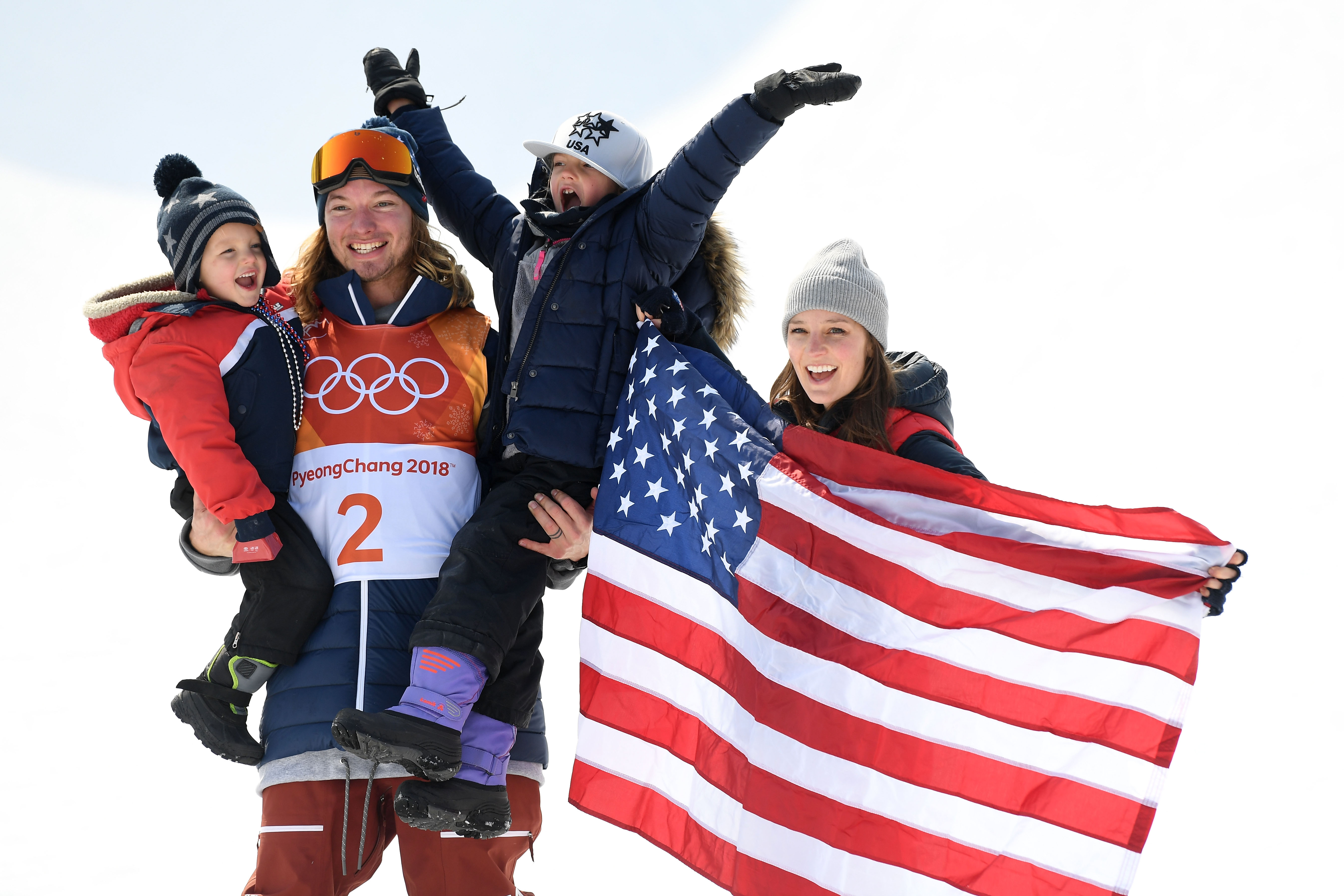 David Wise celebrates with his family after winning halfpipe gold at the 2018 Olympic Winter Games. (Getty Image - David Ramos)