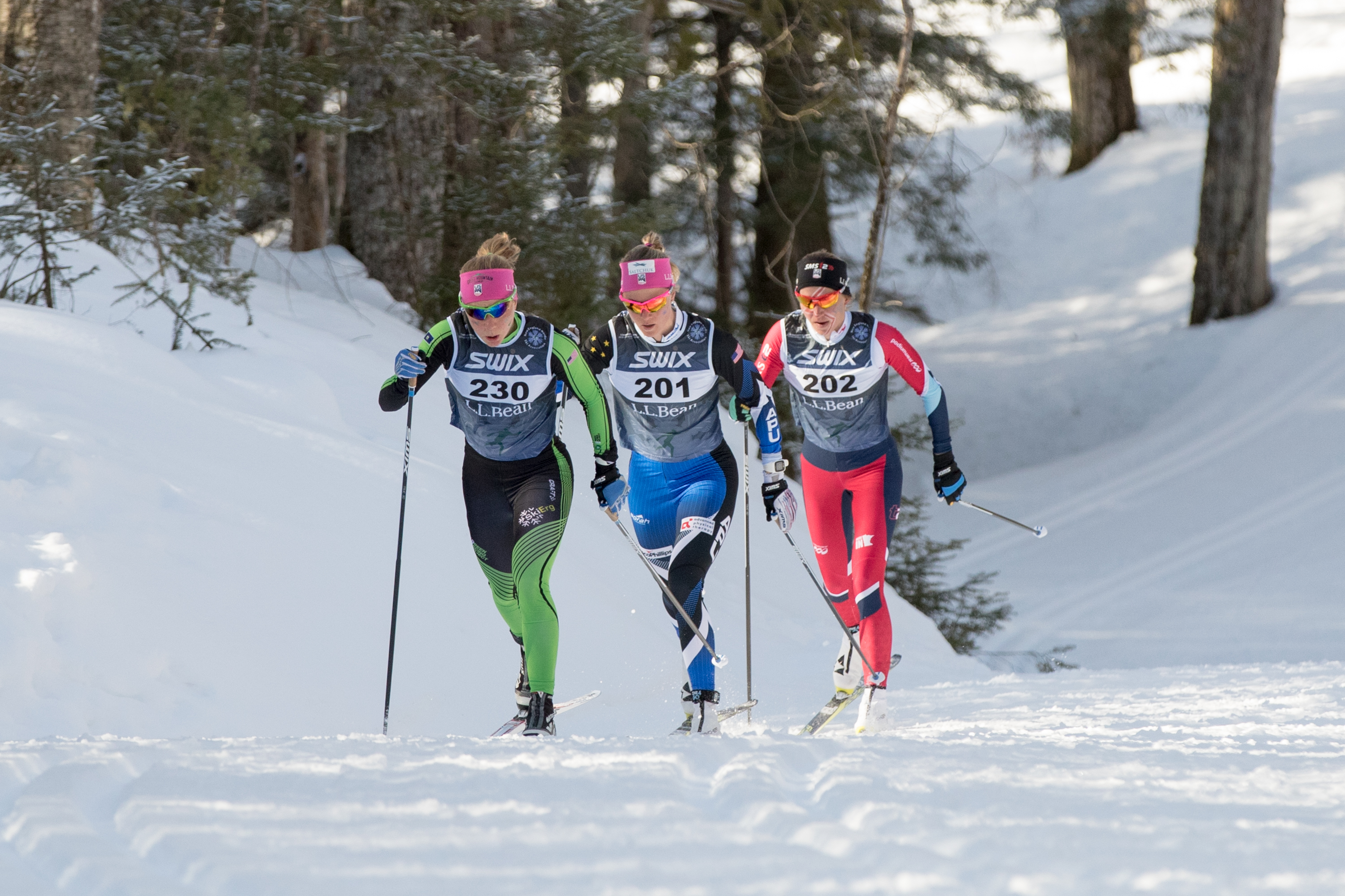 Leg 3 Sadie Bjornsen (201) pulled out to a seven-second advantage over Stratton’s Sophie Caldwell (202) and Ida Sargent (230) on the third leg of the team relay Sunday. (U.S. Ski & Snowboard - Reese Brown)