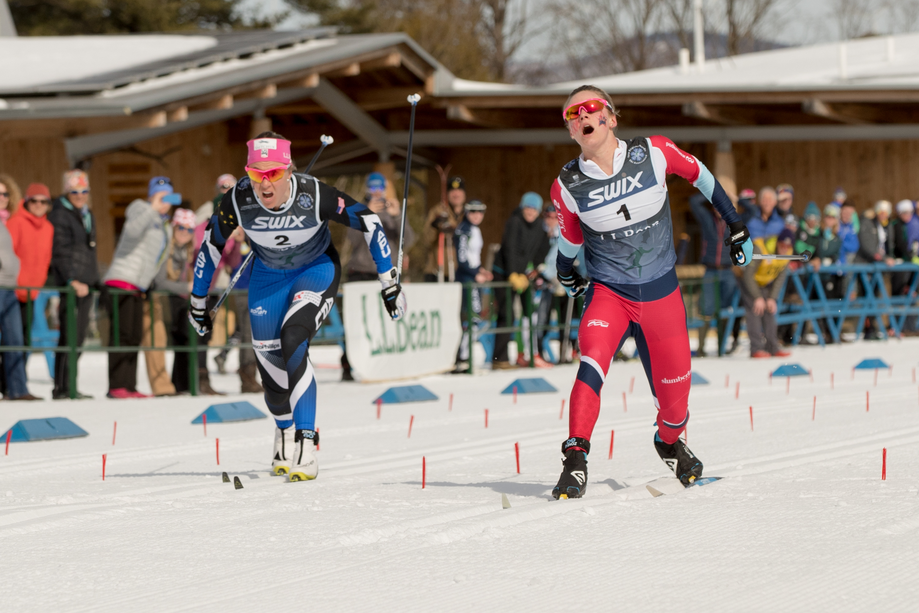 Jessie Diggins Jessie Diggins lunges at the line to win the 30k classic at the L.L.Bean U.S. Cross Country Championship Tuesday. (U.S. Ski & Snowboard - Reese Brown)