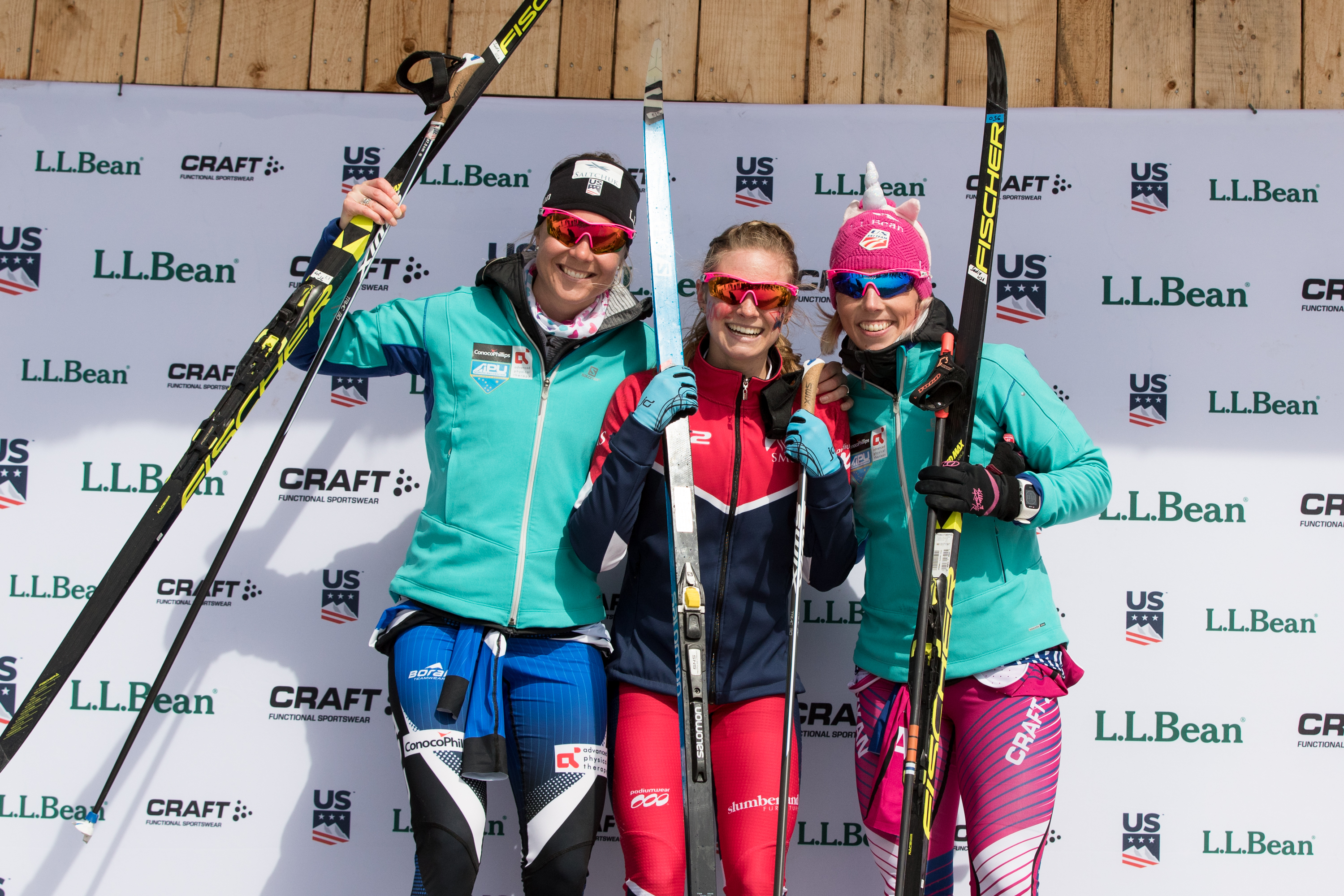 women 1-2-3 Sadie Bjornsen (left) was second, Jessie Diggins won, and Kikkan Randall was third in the women's 30k classic at the L.L.Bean U.S. Cross Country Championship Tuesday. (U.S. Ski & Snowboard - Reese Brown)