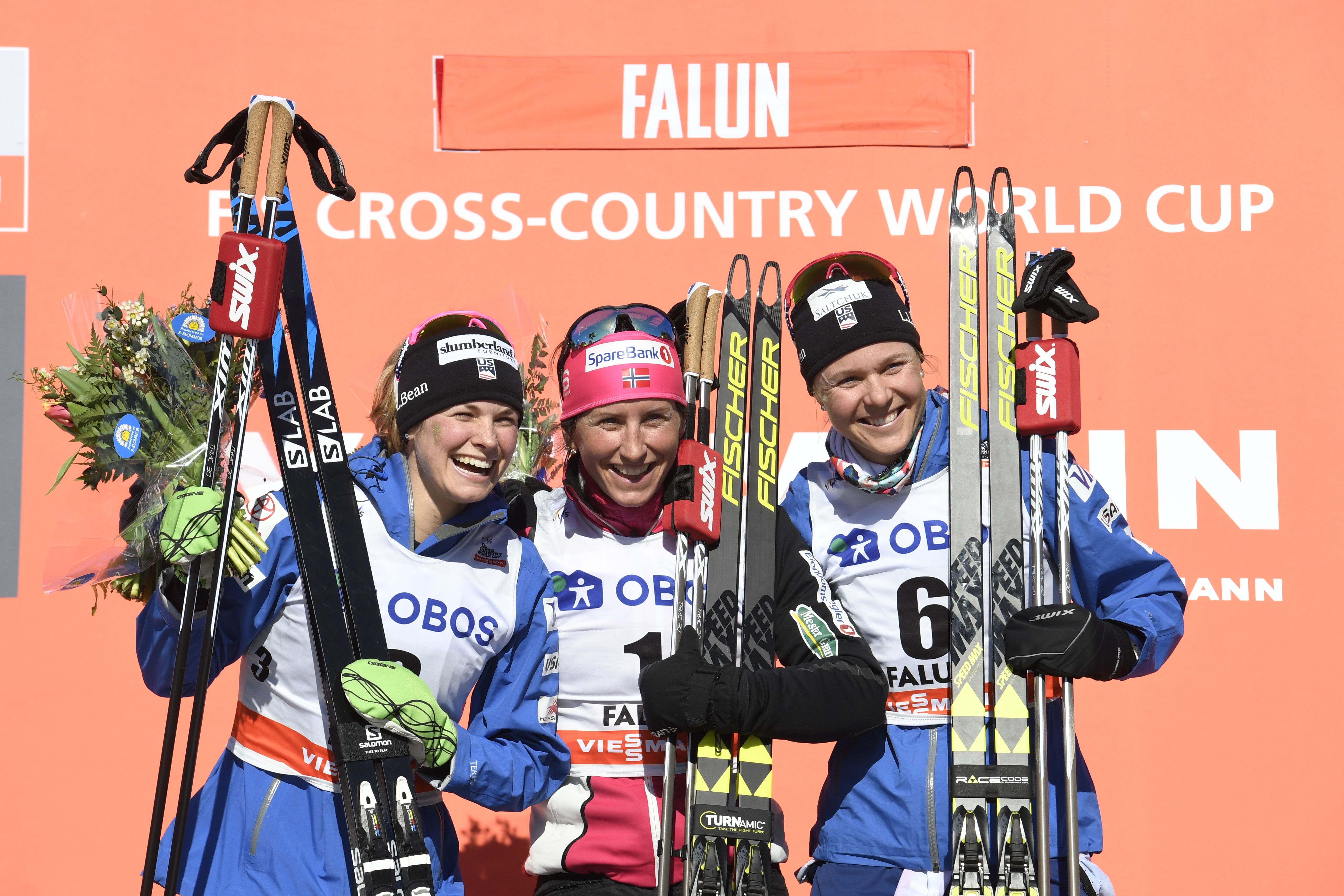 10k podium Jessica Diggins and Sadie Bjornsen join Marit Bjoergen of Norway on the podium after Sunday's final 10k pursuit of the season in Falun, Sweden. (Getty Images/AFP - Ulf Palm)