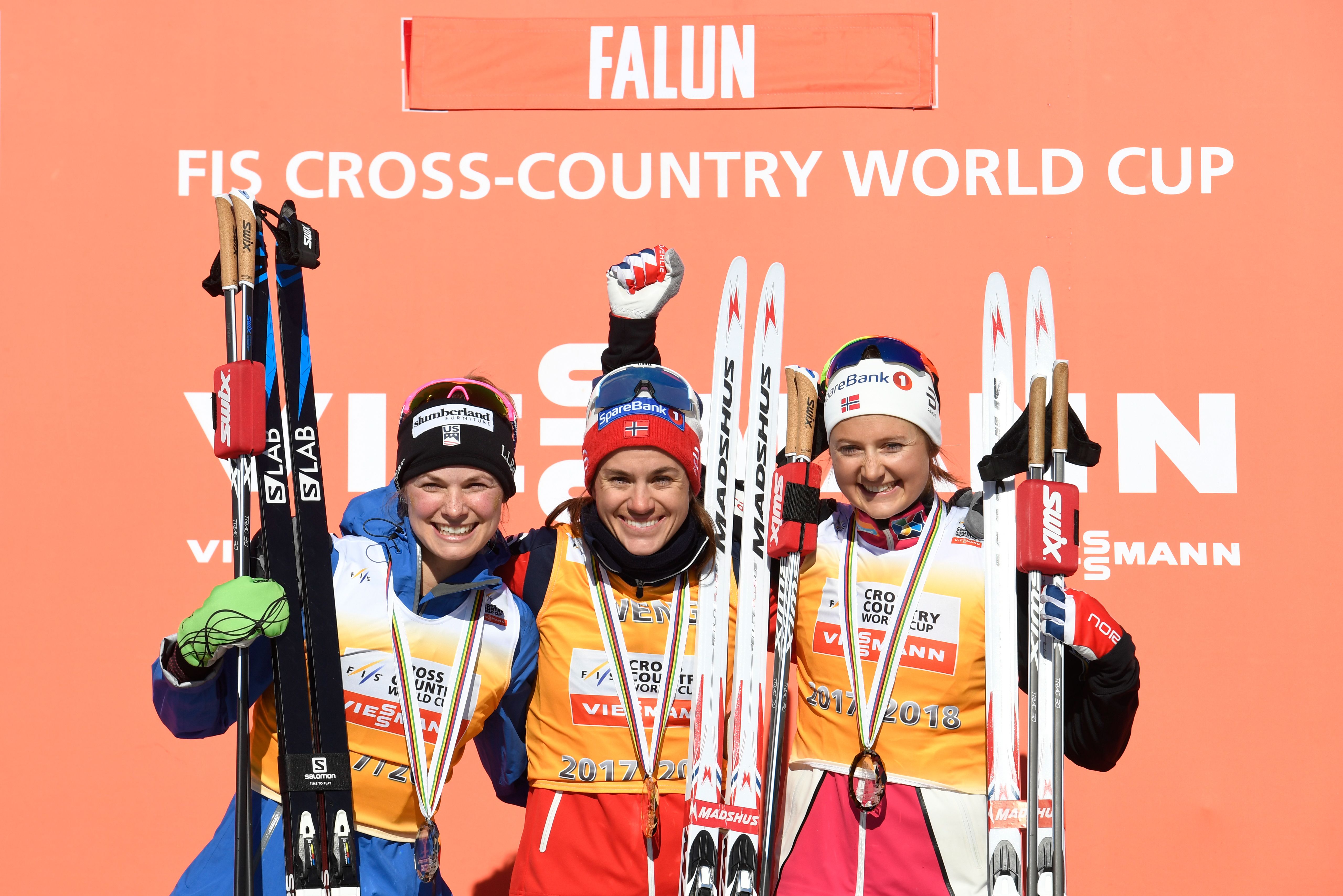 Finals cross country podium Jessica Diggins finished second in the overall World Cup cross country standings. Heidi Weng of Norway won the title and Ingvild Flugstad Oestberg of Norway was third. (Getty Images/AFP - Ulf Palm)