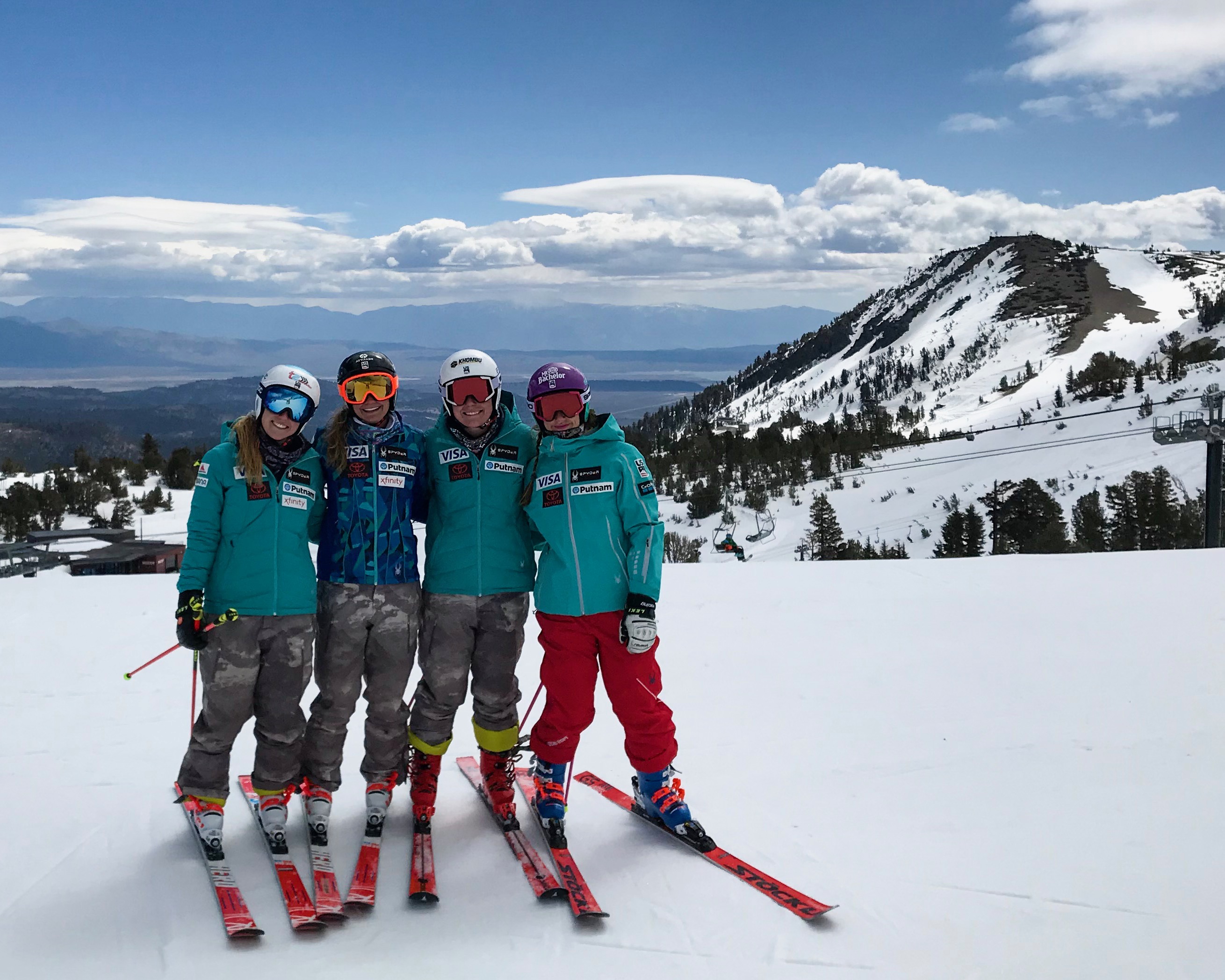 Breezy Johnson Poses with Teammates in Mammoth