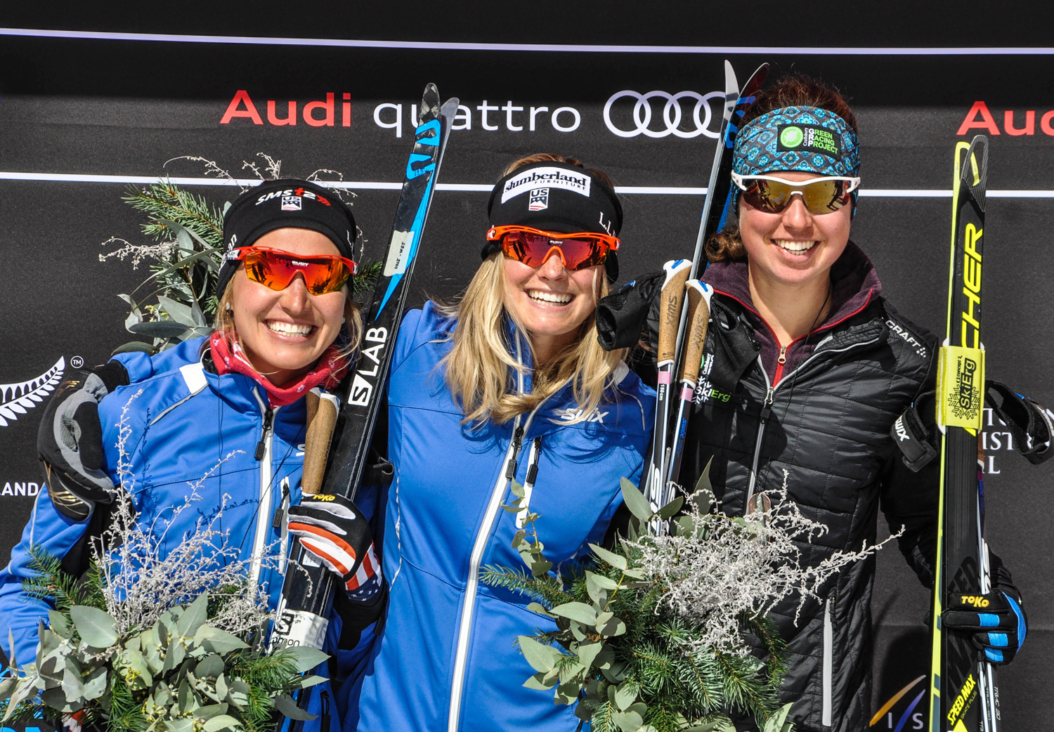 Sophie Caldwell, Jessie Diggins, and Caitlin Patterson Women's podium