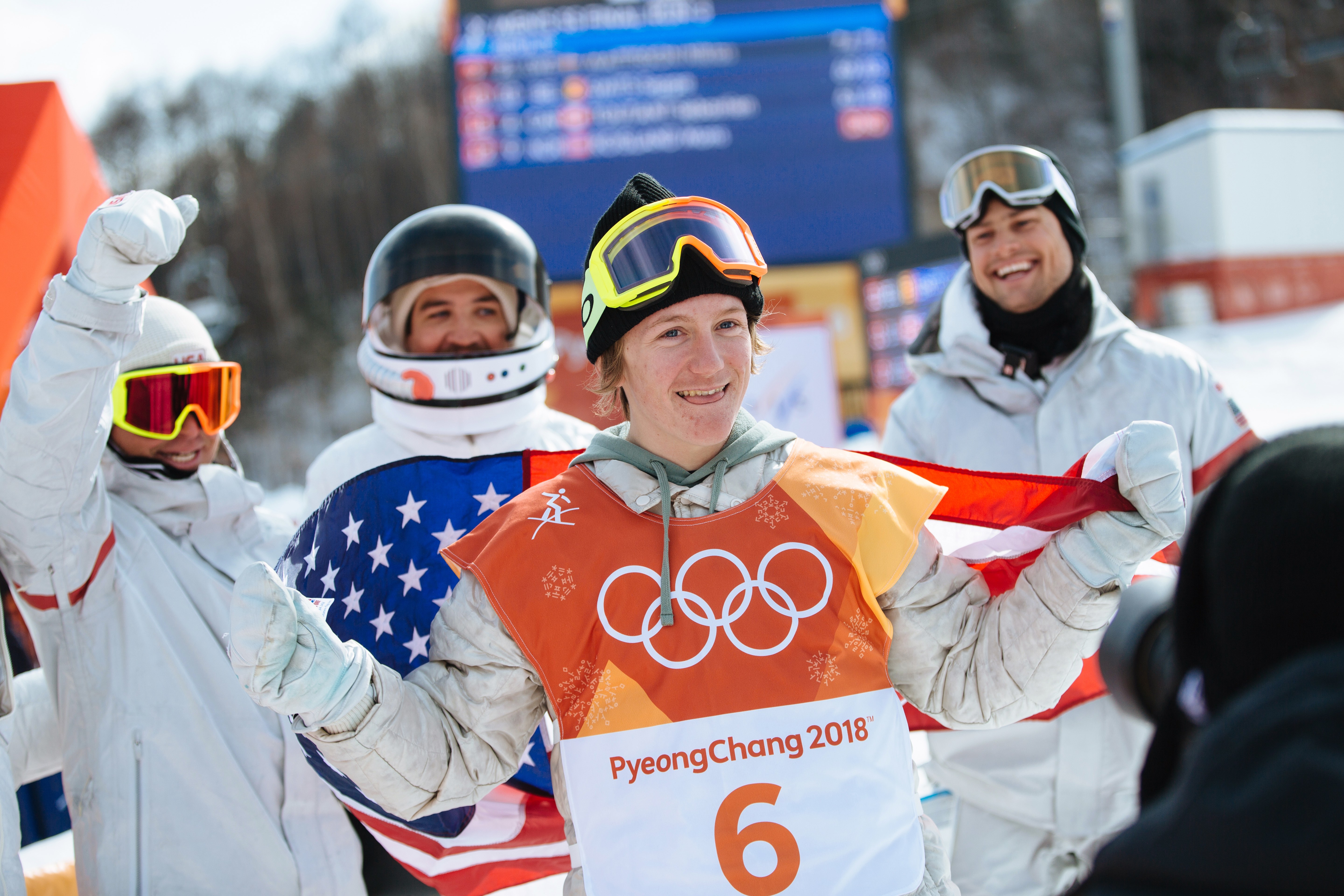 Red Gerard after his win at the 2018 PyeongChang Olympic Games PyeongChang Olympic Slopestyle Gold Medalist Red Gerard with the U.S. Snowboard Coaching Staff (U.S. Ski & Snowboard).