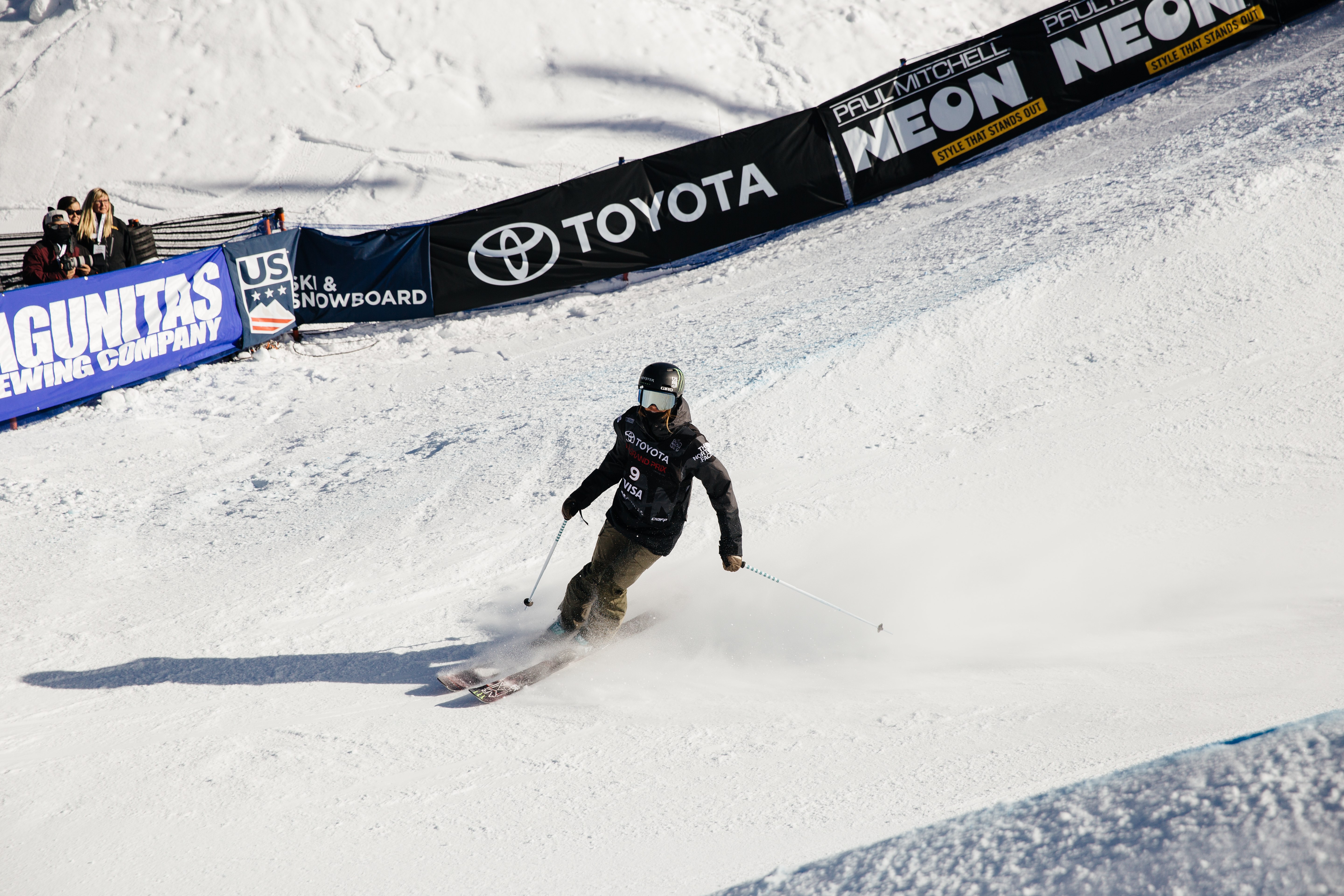 Brita Sigourney completes her run in the finals at the 2017 Toyota U.S. Grand Prix at Copper. (U.S. Ski & Snowboard) Brita Sigourney skiing into the finish corral at Copper Mountain.