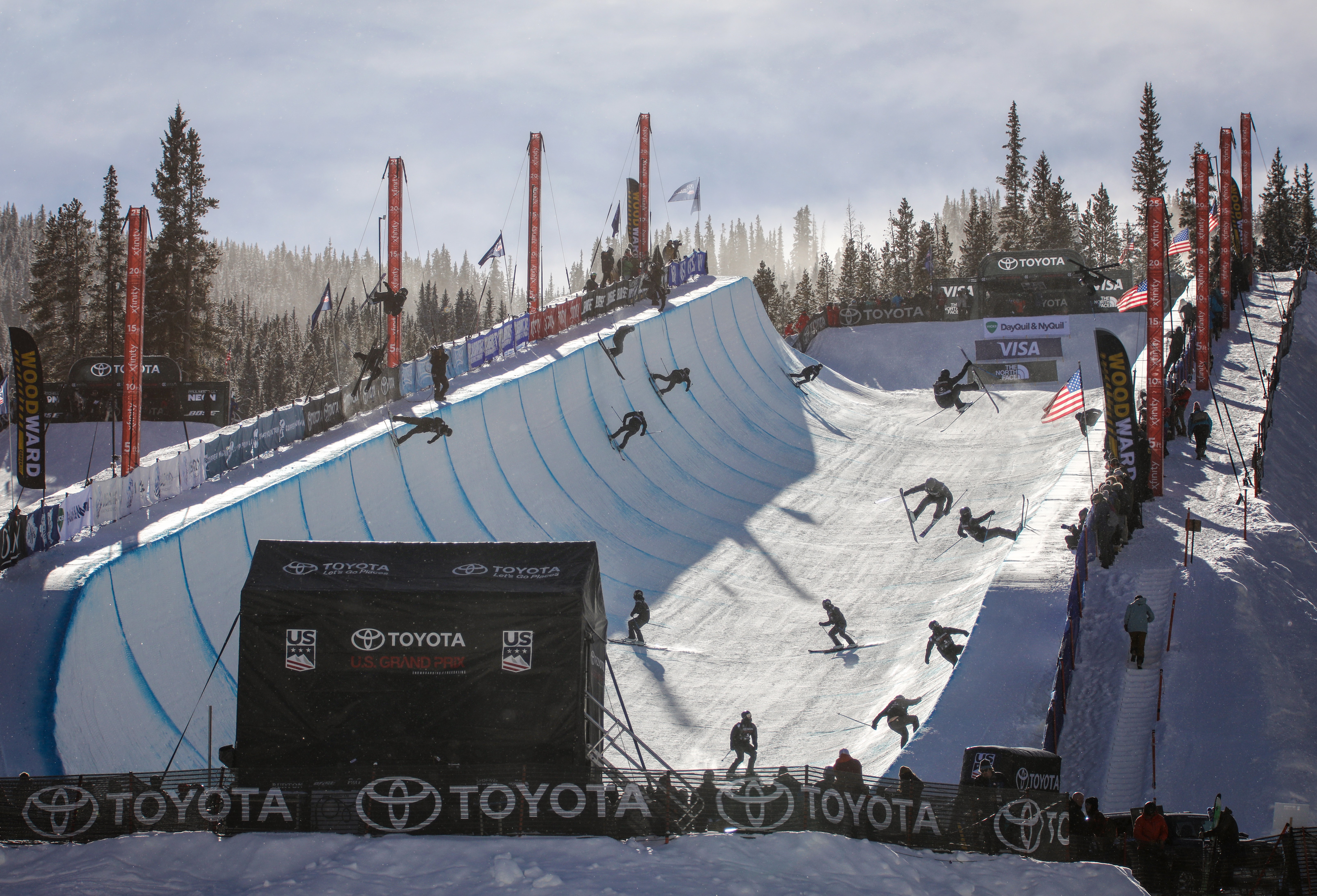 Freeskier completing a full run in the Copper Mountain superpipe. (Tripp Fay) Sequence photo of a freeskier completing a full superpipe run at the Copper Mountain superpipe.
