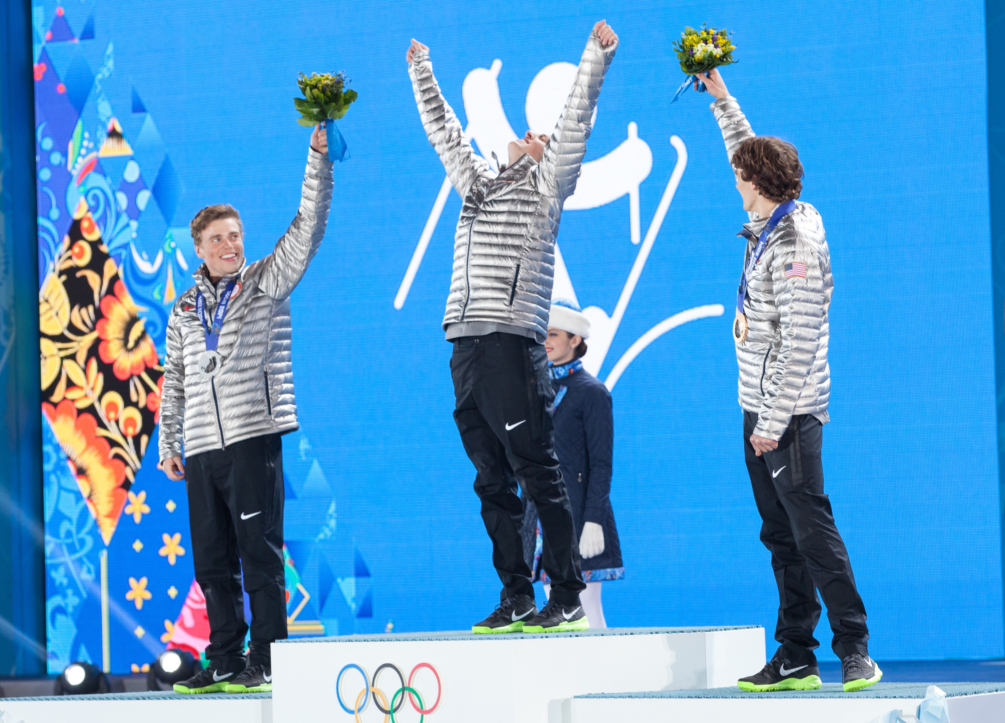 Olympic medal presentation at the 2014 Sochi Olympic Winter Games, when Joss Christensen took the sport’s first-ever gold medal with teammates Gus Kenworthy and Nick Goepper earning silver and bronze. (U.S. Ski & Snowboard) Gus Kenworthy, Joss Christensen and Nick Goepper on the podium in Sochi, Russia.