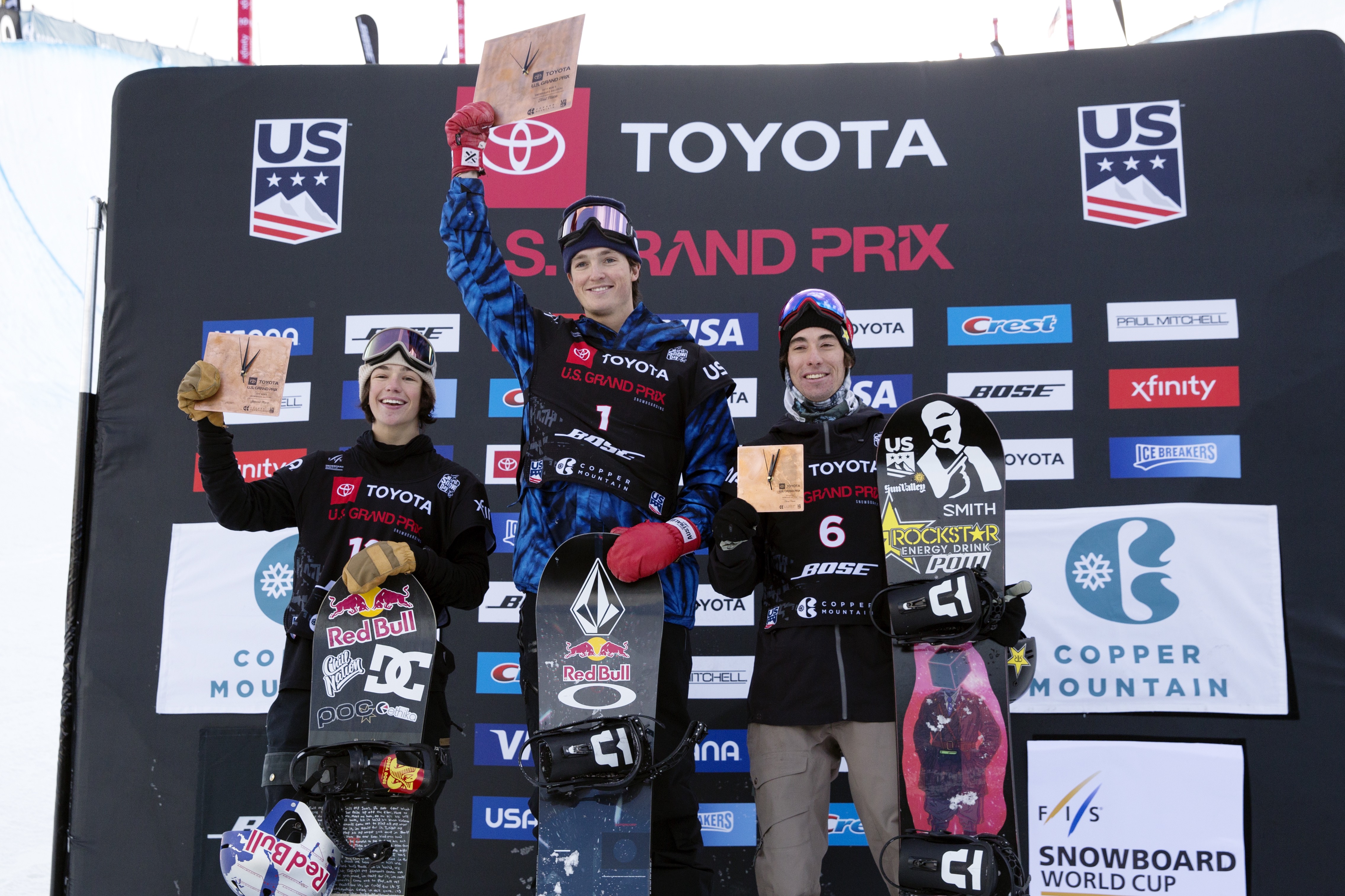 Men's snowboard halfpipe podium at the Toyota U.S. Grand Prix at Copper Mountain. (U.S. Ski & Snowboard - Sarah Brunson) Men's Podium at Grand Prix.