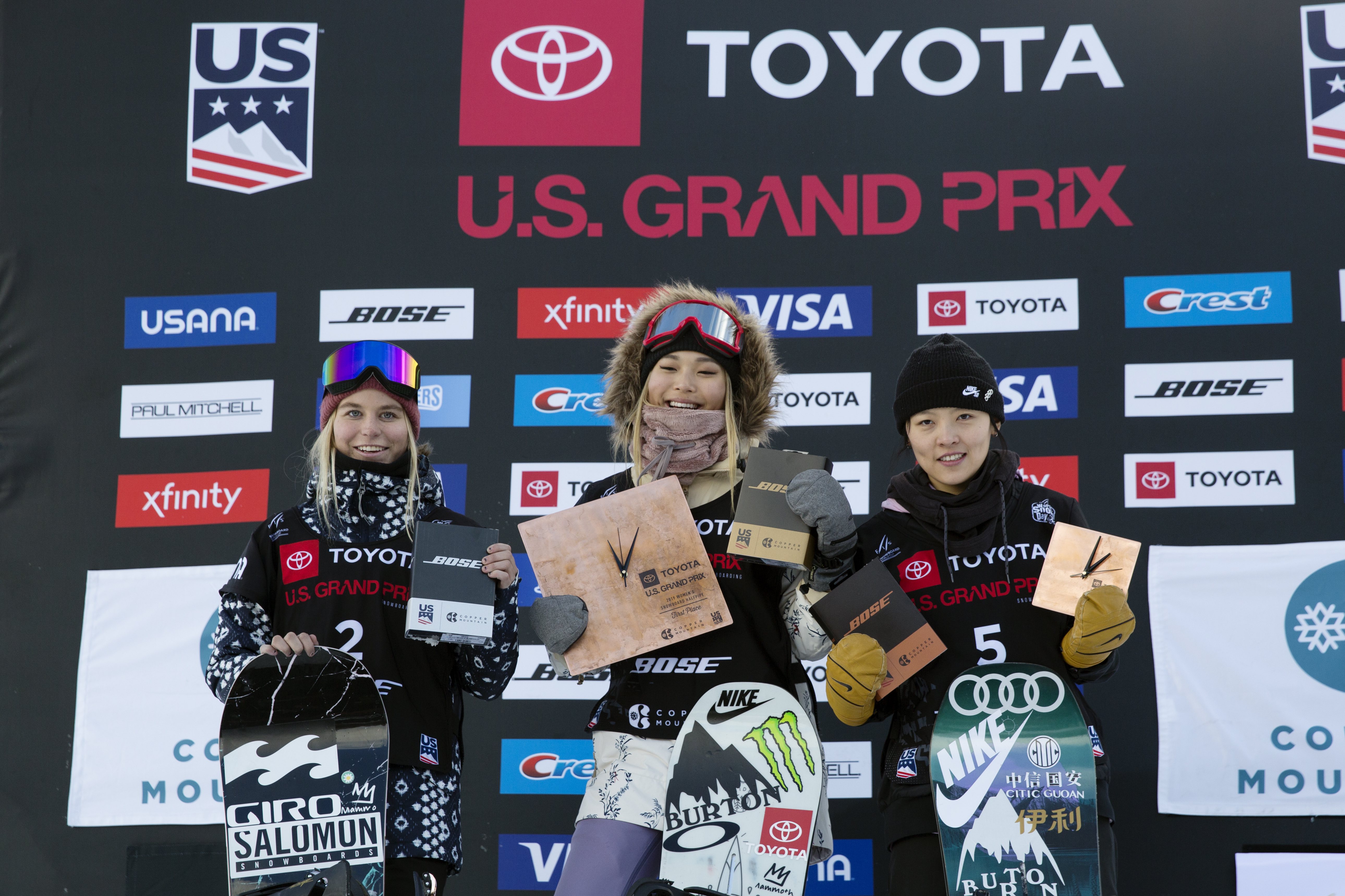 Women's snowboard halfpipe podium at the Toyota U.S. Grand Prix at Copper Mountain. (U.S. Ski & Snowboard - Sarah Brunson) Women's Podium at U.S. Grand Prix.