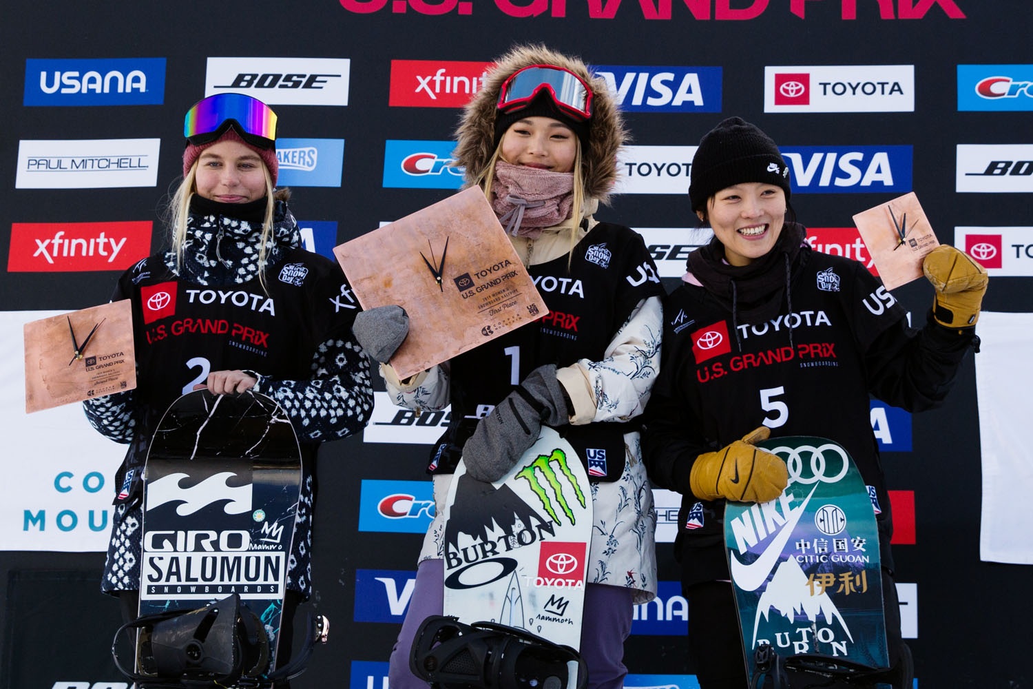 Women's snowboard podium at Copper Mountain.